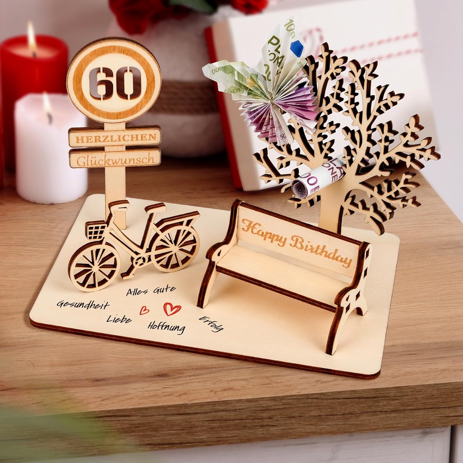 Detalle 2 de I LOVE MOM Geldgeschenk aus Holz – DIY Holz-Schild Geburtstag mit Fahrrad, Bäumen und Zahlen (GYY-60)