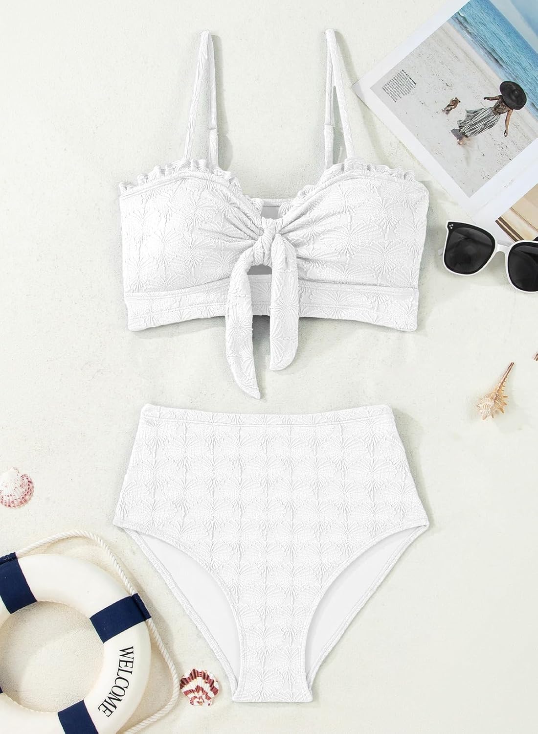 Detalle de Herseas Women’s Seashell Textured Knotted-Front Bikini Set (2-Piece) with Ruffle Trim
