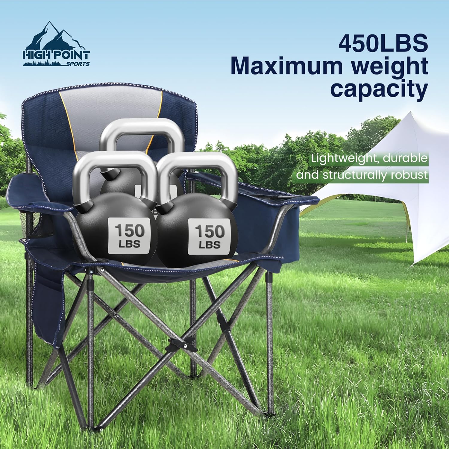 Detalle de HIGH POINT SPORTS Übergroßer Campingstuhl – XXL Klappstuhl mit Kühltasche, Armlehnen und Getränkehalter