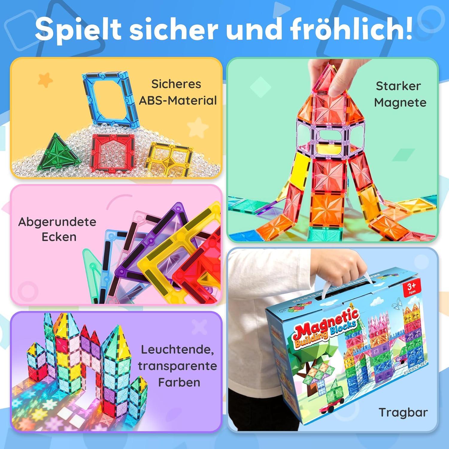 Detalle de WOOBLO Magnetische Bausteine (67 Teile) – Magnetspiel STEM/Montessori für Kinder ab 3 Jahren