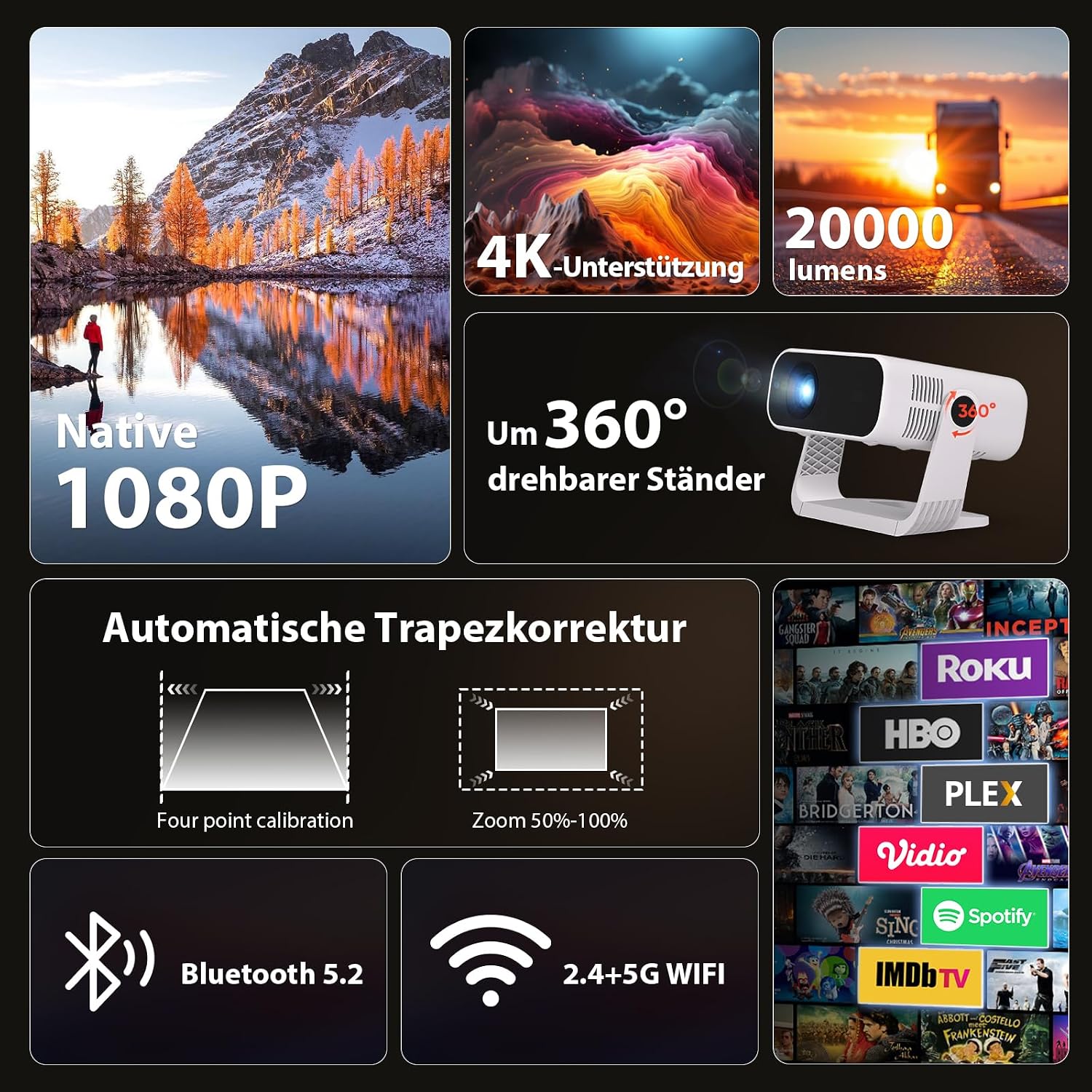 Thumbnail 1 de 2026 Smart Mini Beamer mit Android 14, Full HD 1080p, WiFi 6 & BT 5.2 – integrierte App-Nutzung