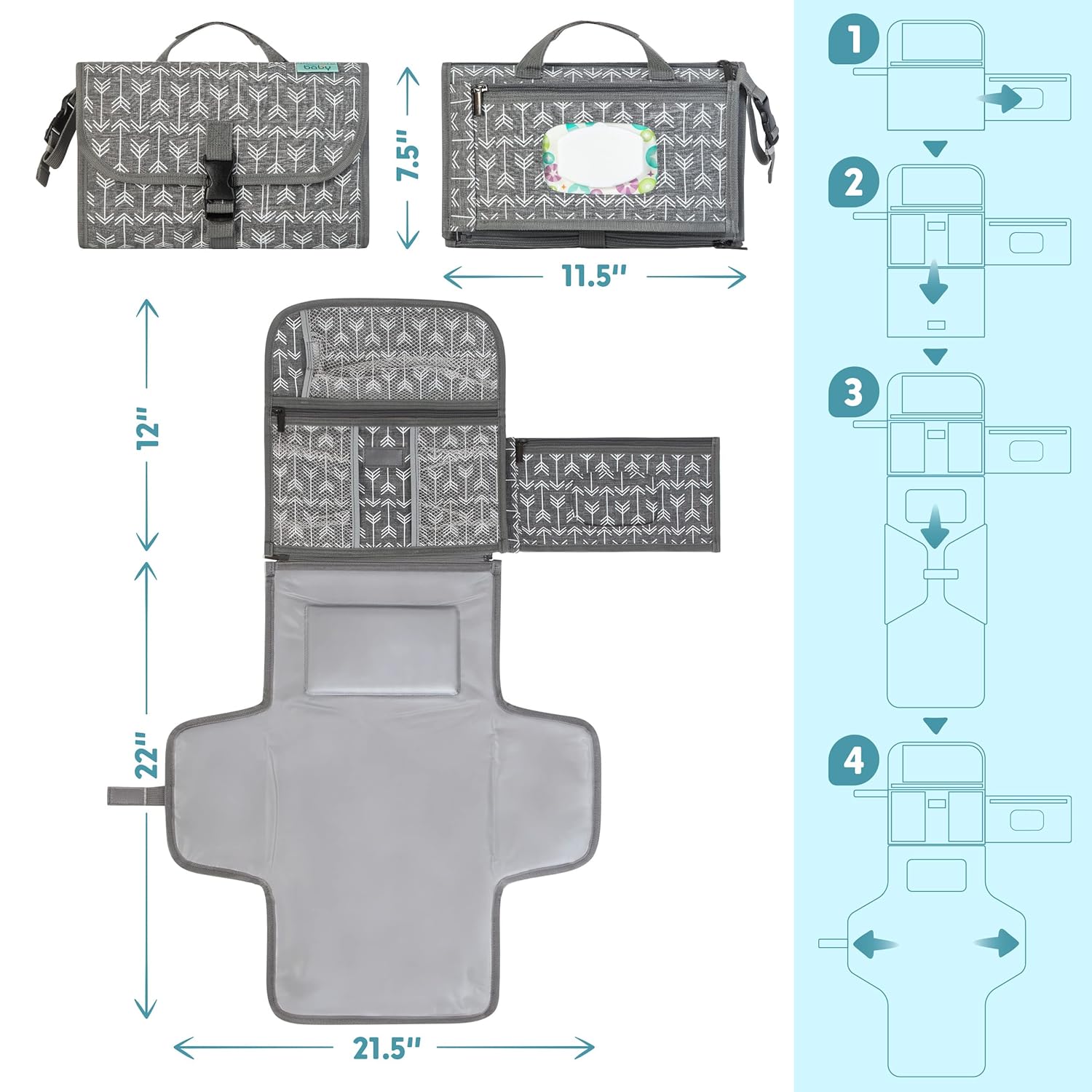 Thumbnail 4 de Kopi Baby Portable Diaper Changing Pad Travel Station Kit (Grey Arrows) — Changing Mat With Wipes Pocket