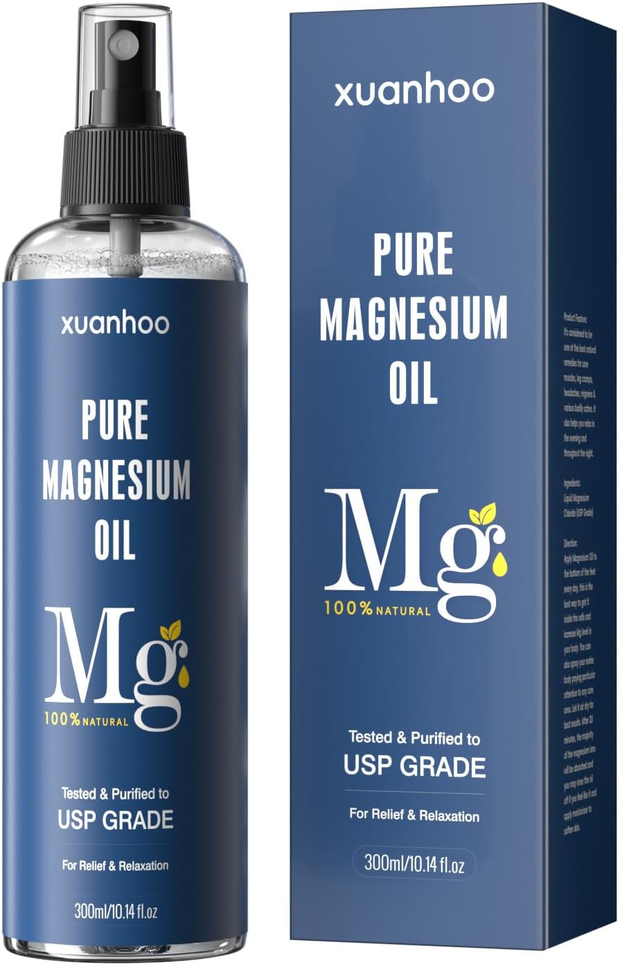 Detalle de xuanhoo magnesiumoljespray 300 ml med magnesiumklorid, alkoholfri