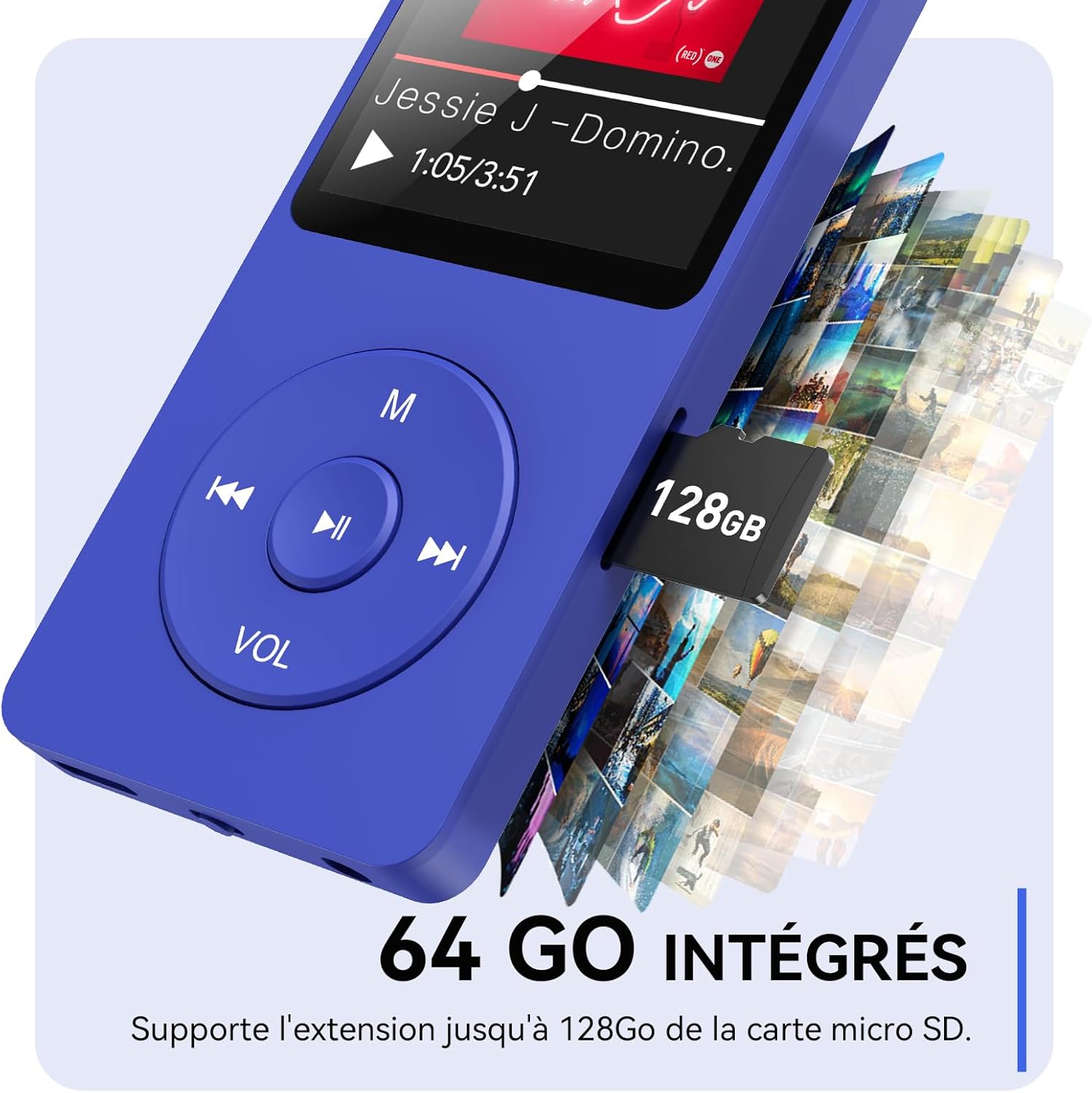 Detalle de AGPTEK 64Go Lecteur MP3 Classique – Ultra léger, autonomie 70h, sans Bluetooth, bleu