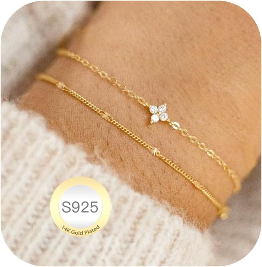 Detalle de Avotto 925 Silber Armband für Damen & Mädchen – hypoallergene gold-layere Optik, verstellbar und stapelbar