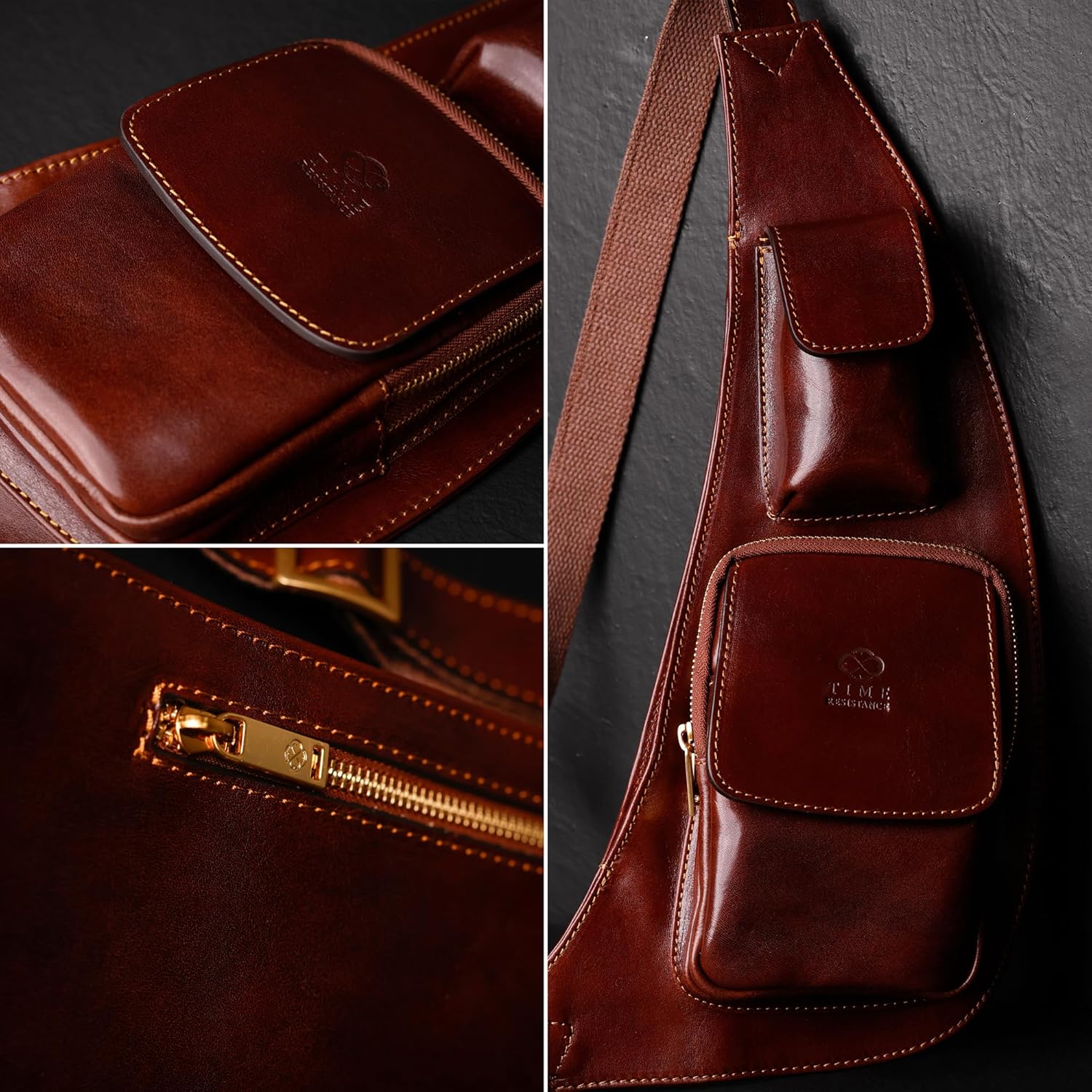 Thumbnail 4 de Time Resistance Brown Leather Sling Bag – Handmade Italian Full-Grain Crossbody