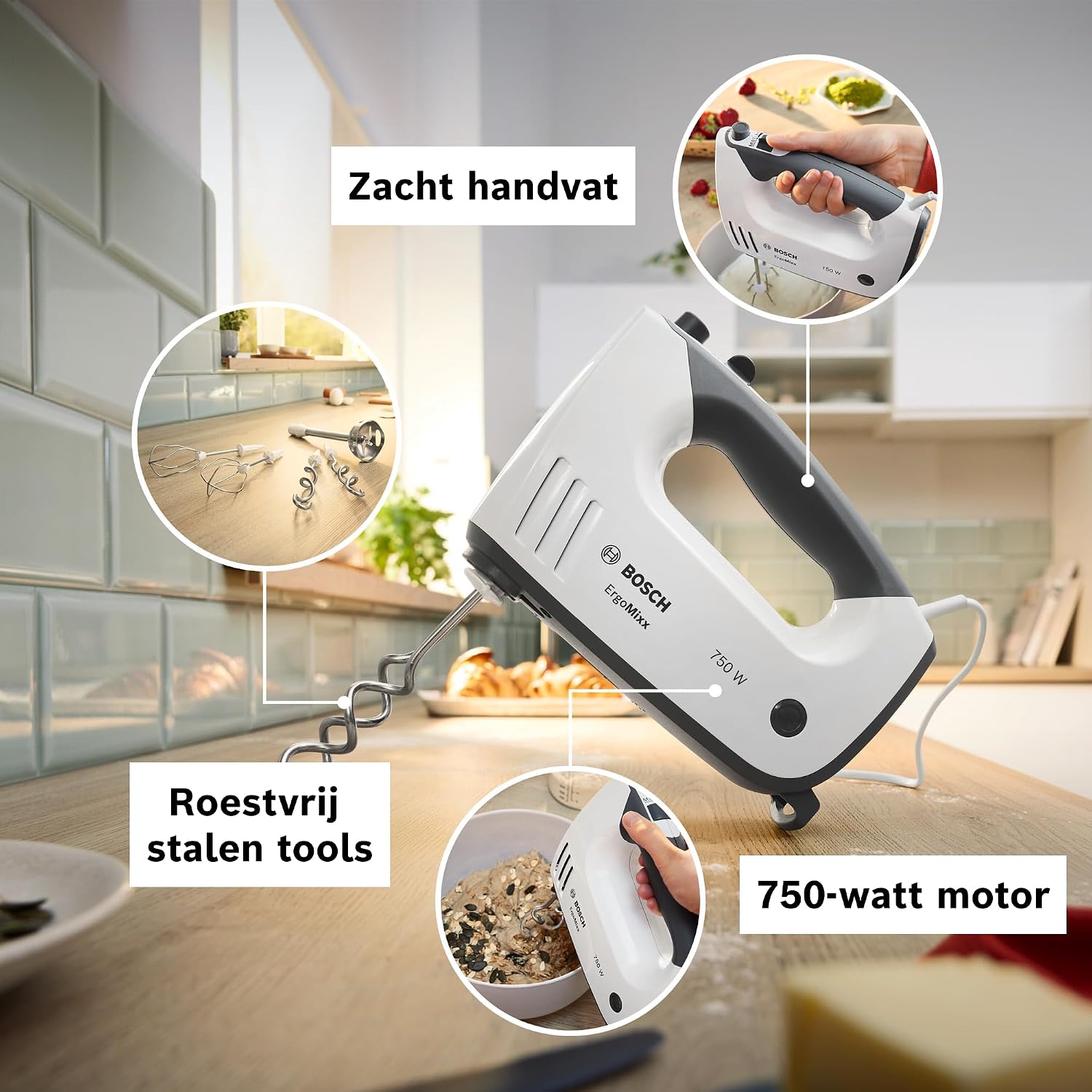 Detalle de Bosch ErgoMixx MFQ37470 handmixer 750 W met 5 snelheden en accessoires