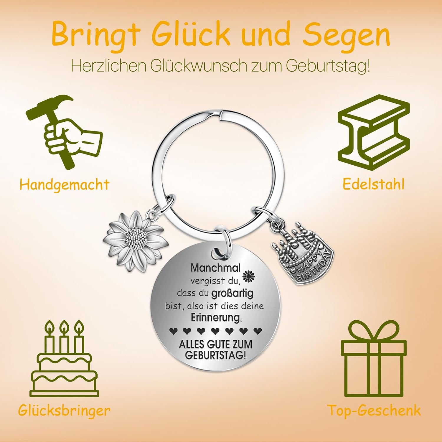 Detalle 2 de Farbeele Positive Sonnenblume & Glücksbringer-Schlüsselanhänger (Pocket Hug Figur) – Geburtstagsgeschenk mit Wunschkarte