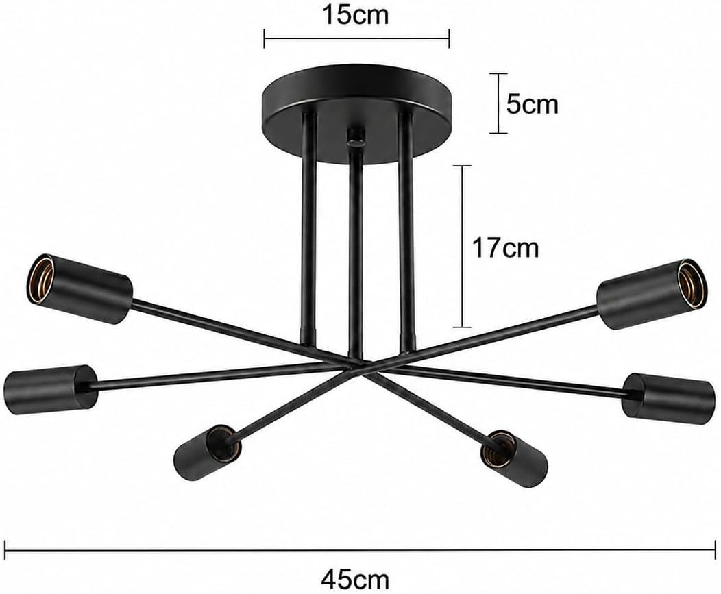 Detalle de CBJKTX G9-BSD – czarna lampa sufitowa, 6 oprawek E27, metalowa
