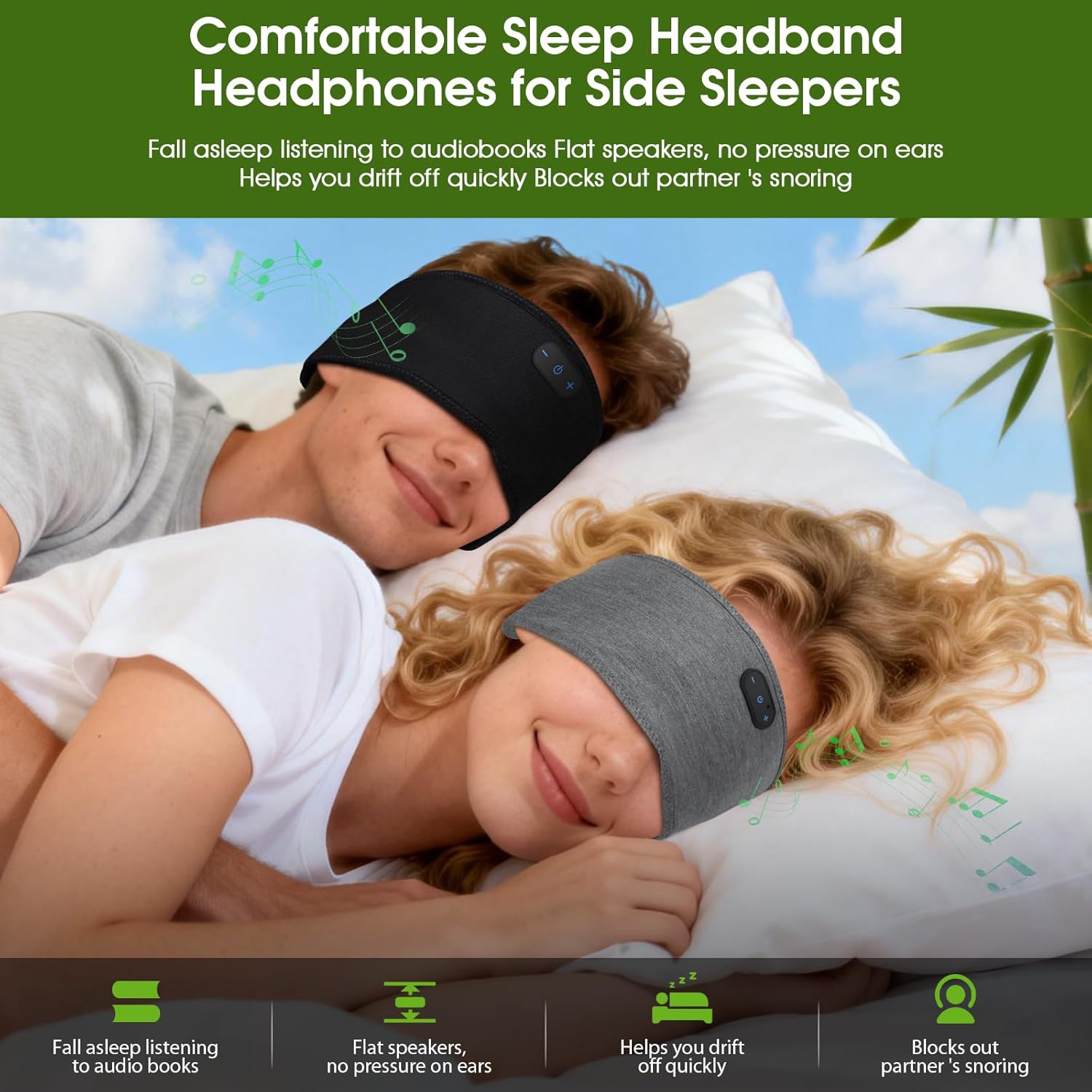 Detalle 2 de 2-Pack Sleep Headphones for Side Sleepers – Ultra-Soft Bamboo Cotton Bluetooth Headband Headphones (16H, Bluetooth 5.4)