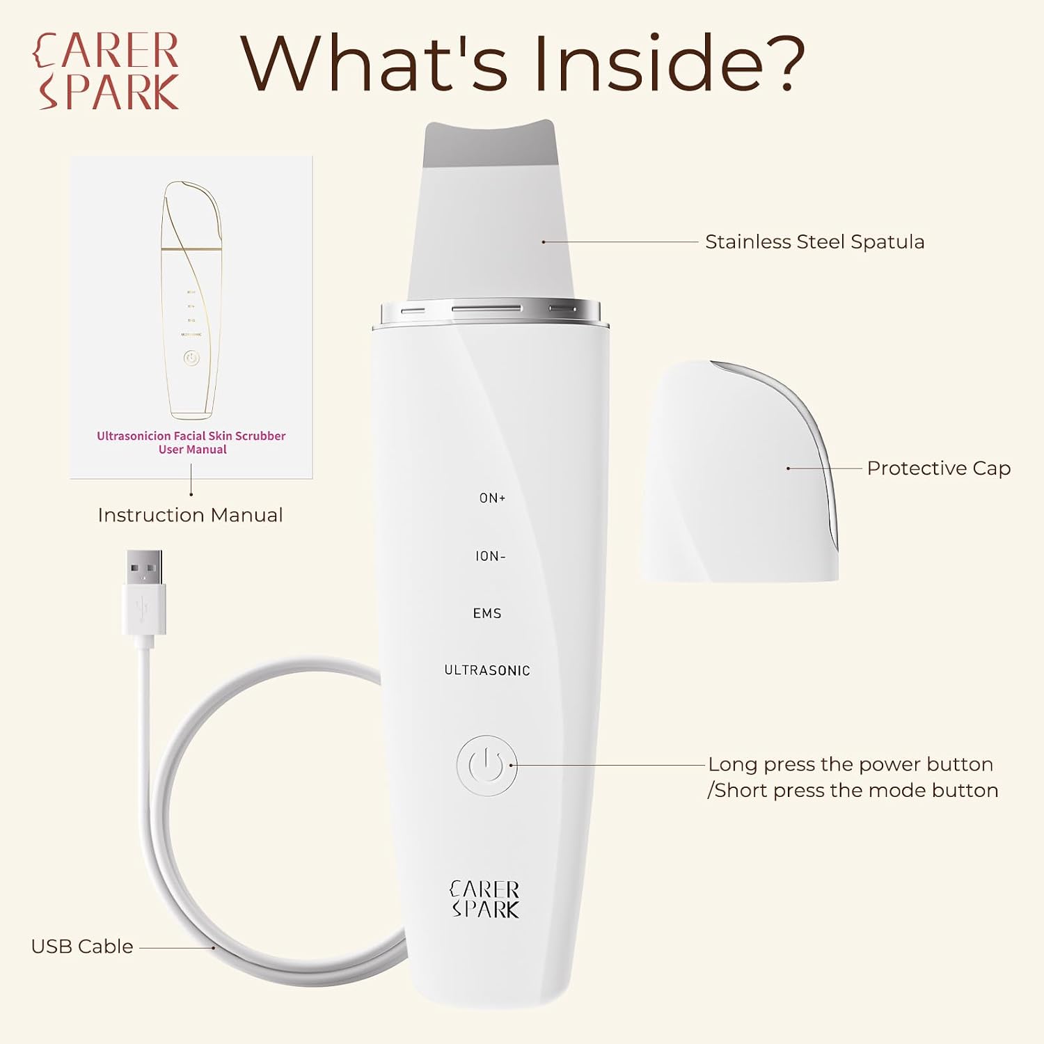 Detalle de CARER SPARK Ultrasonic Facial Scrubber with EMS, Ion Modes and Red & Blue Light