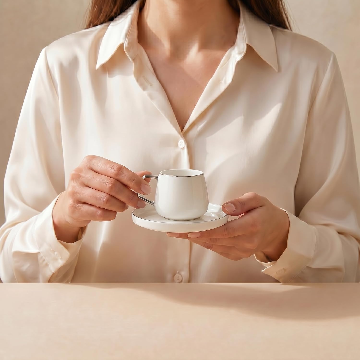 Detalle 2 de KARACA Saturn Platin – porcelanowy zestaw filiżanek 90 ml dla 6 osób