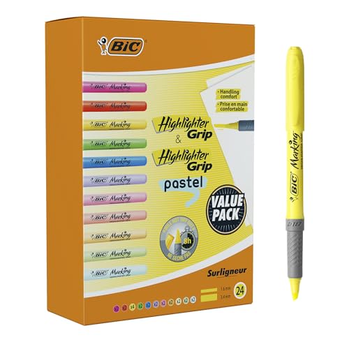 Detalle de BIC Highlighter Grip: Subrayadores de punta biselada regulable, Pack 24 (12 colores) en tonos intensos y pastel