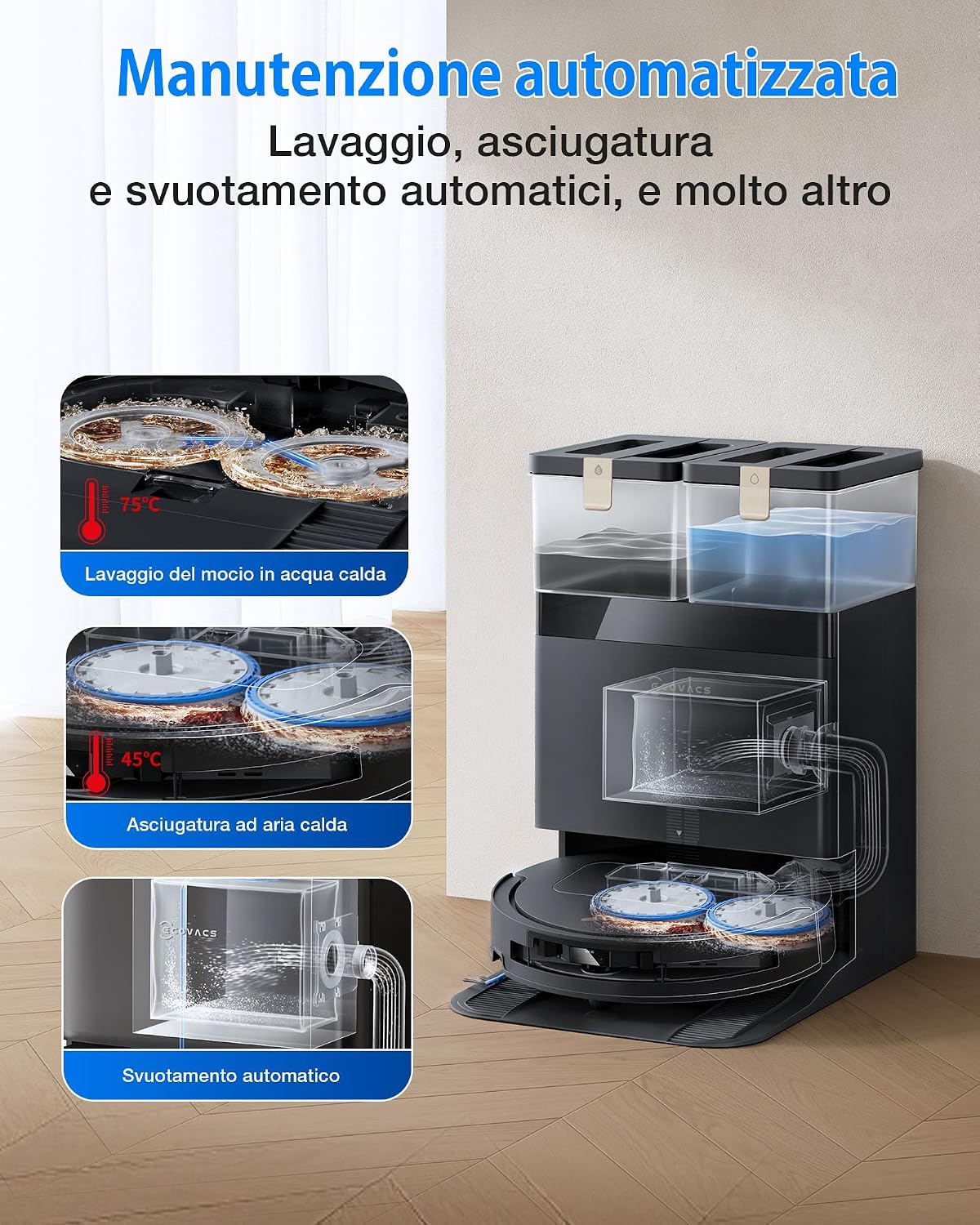 Detalle de ECOVACS Deebot T50 Omni Gen3: robot lavapavimenti con ZeroTangle 3.0 e stazione All-in-One