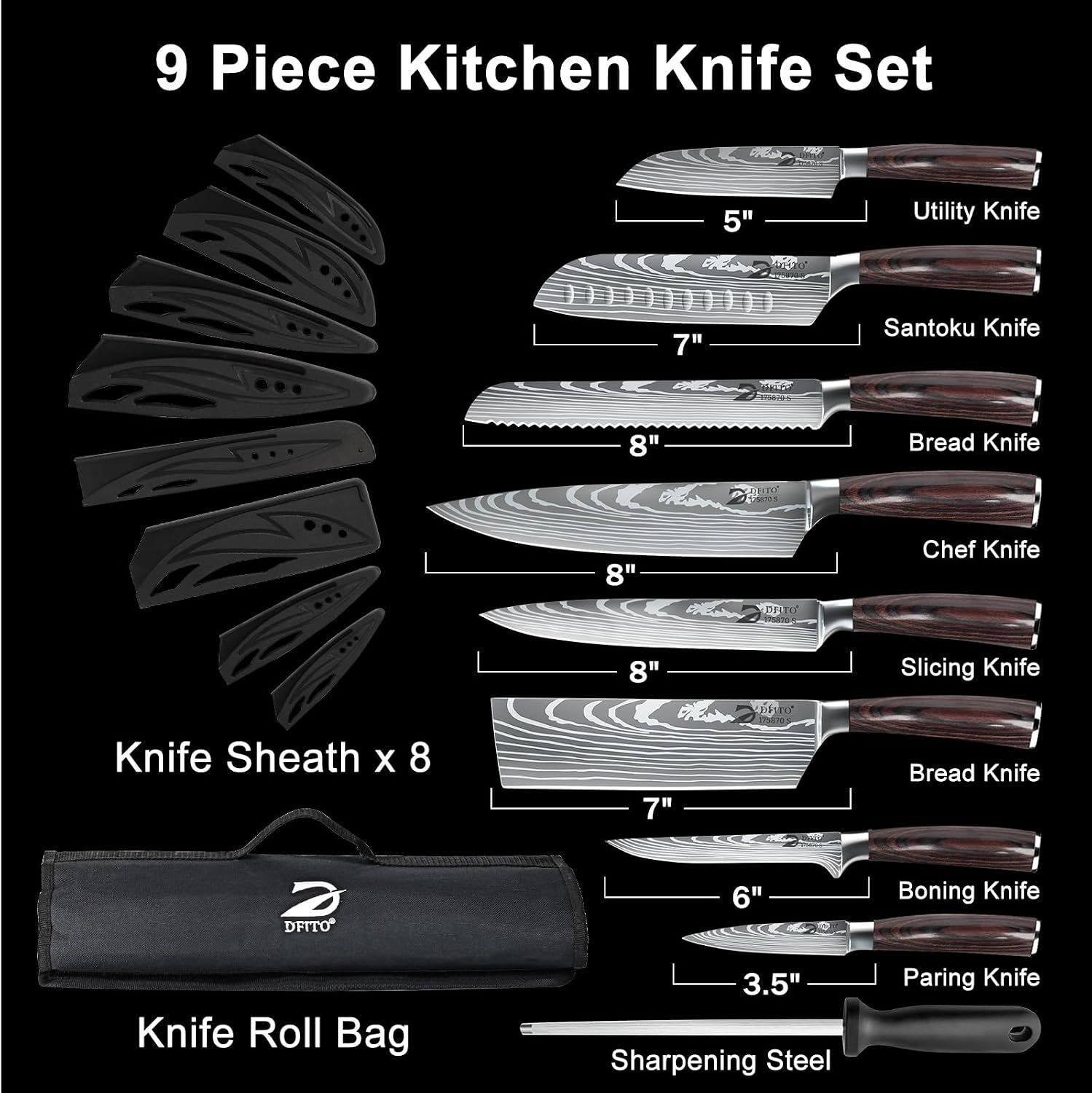Thumbnail 6 de Dfito Kitchen Knife Set-Red, 9-Piece Set with Roll Bag and Sharpener
