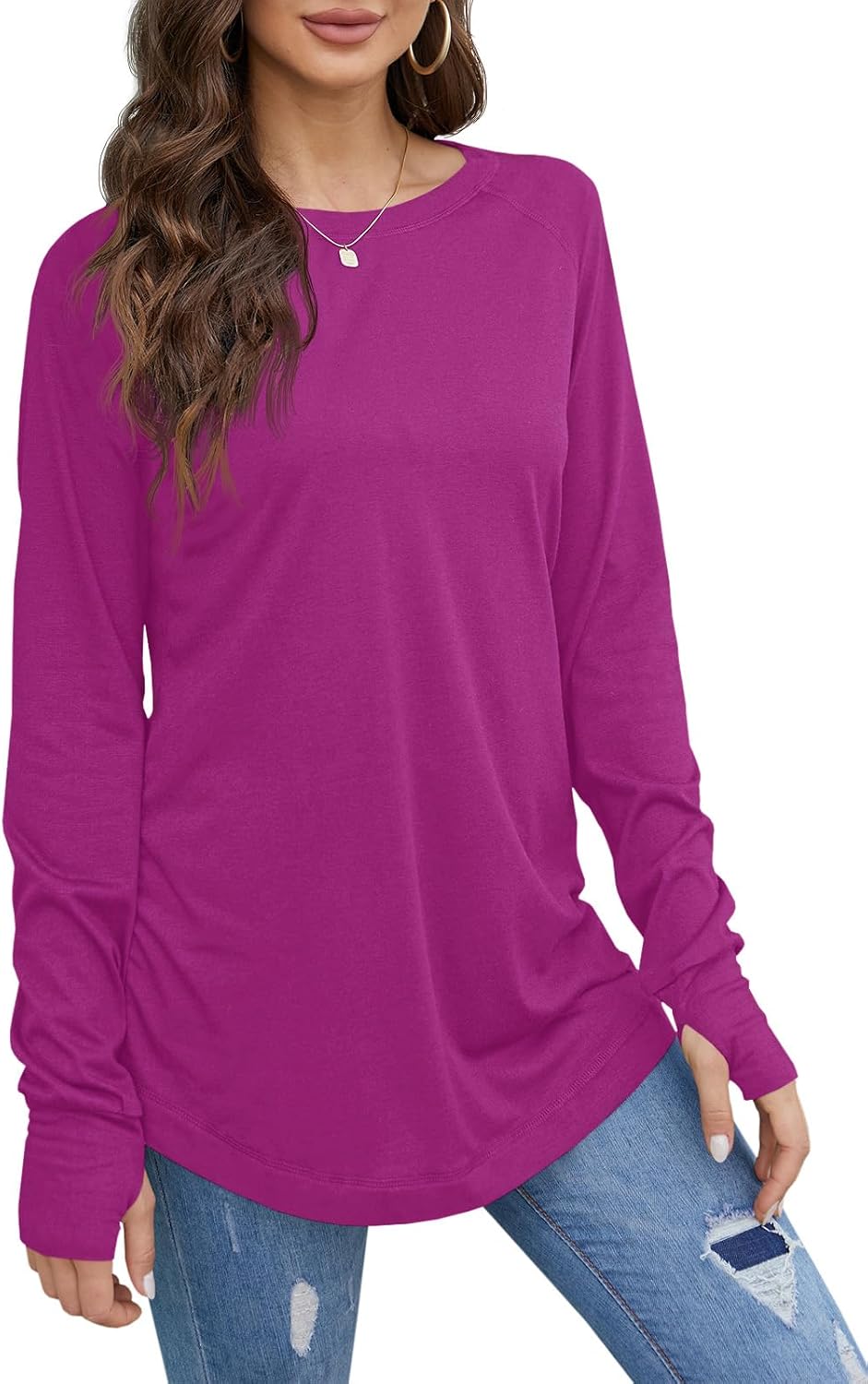 Detalle de Fisoew Women's Long-Sleeve Tunic Top with Thumb Holes and Curved Hem