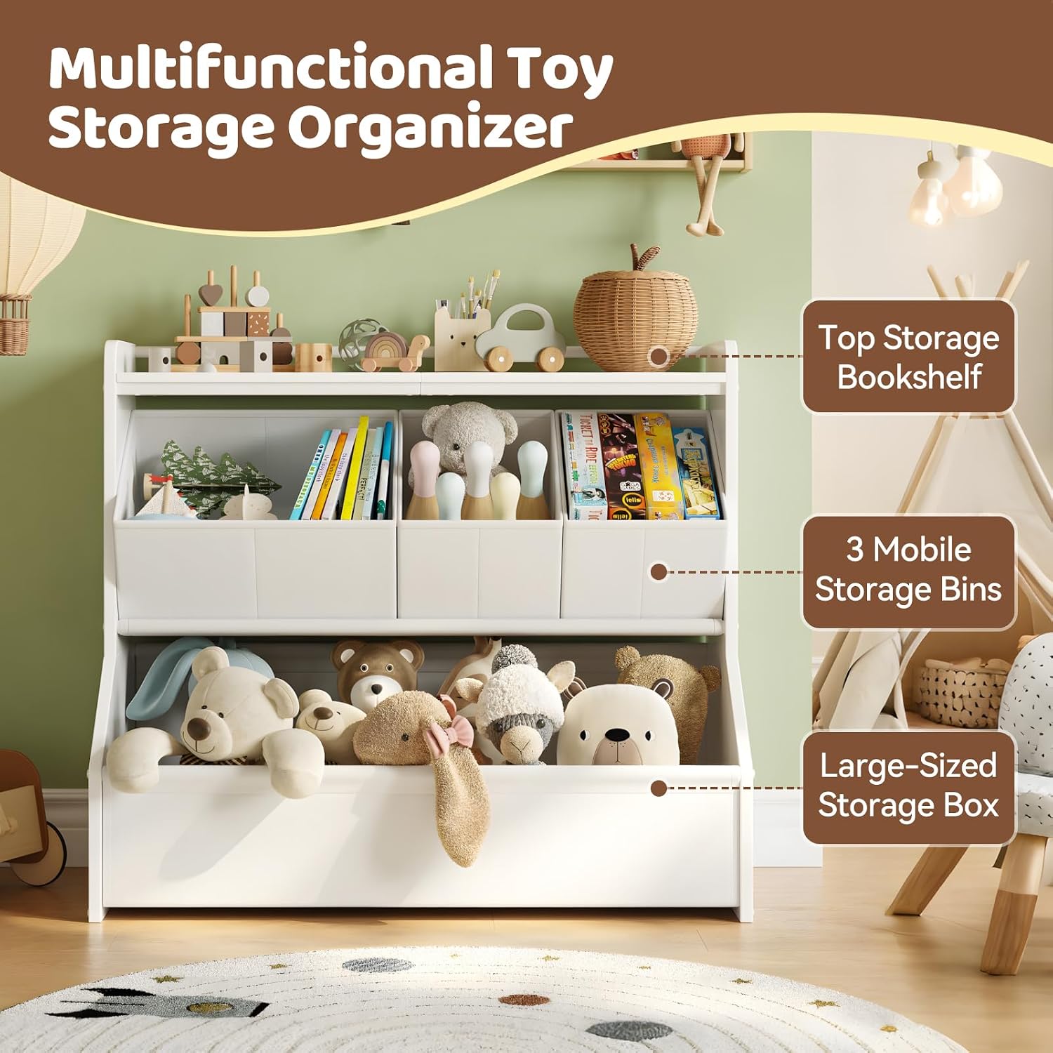Detalle 2 de FOUCSSOMEI Toy Storage Organizer for Kids, 3-Tier with Removable Bins and Bookshelf