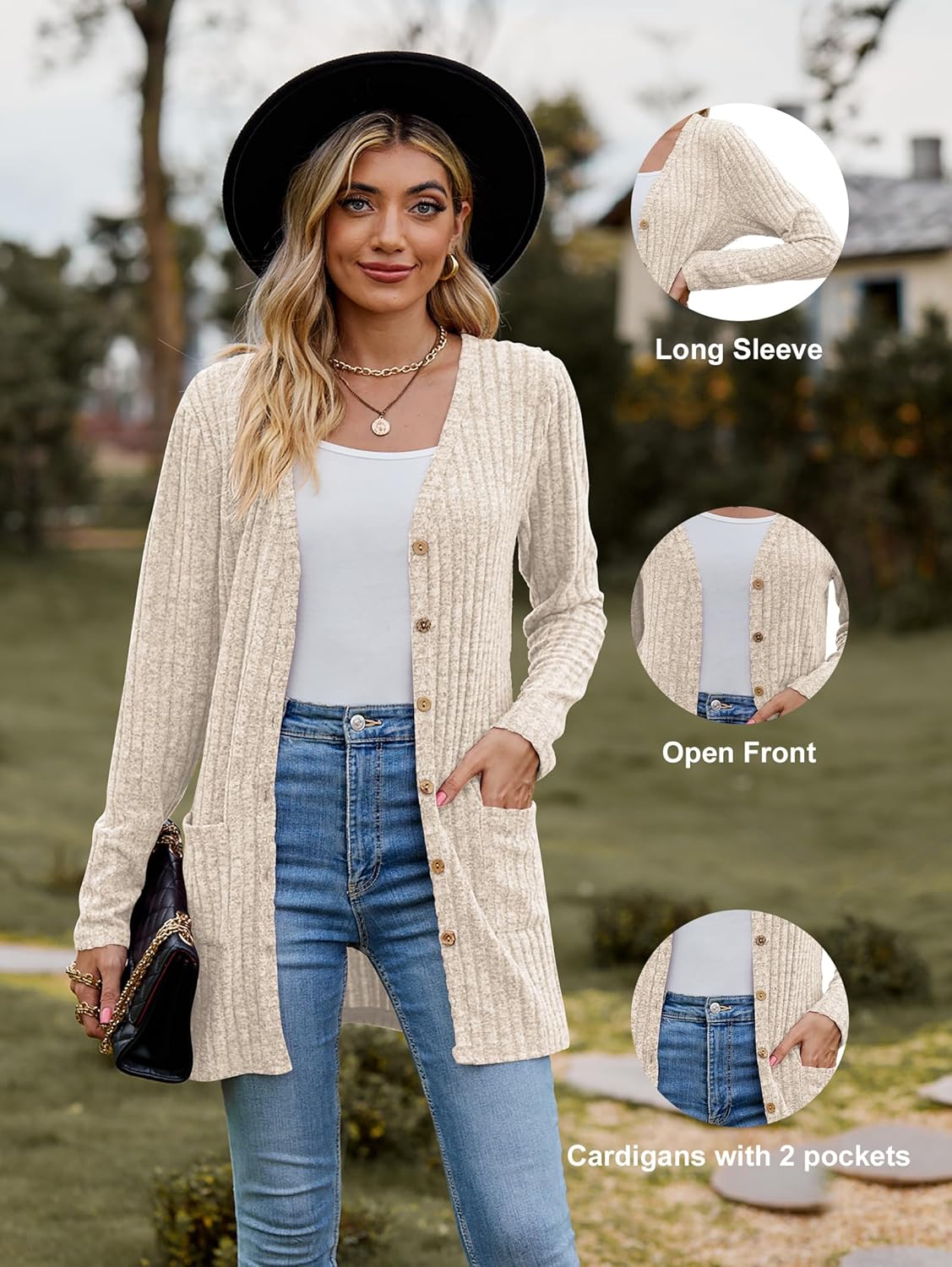 Detalle 2 de Famulily Women's Long Sleeve Open Front Cardigan with Pockets