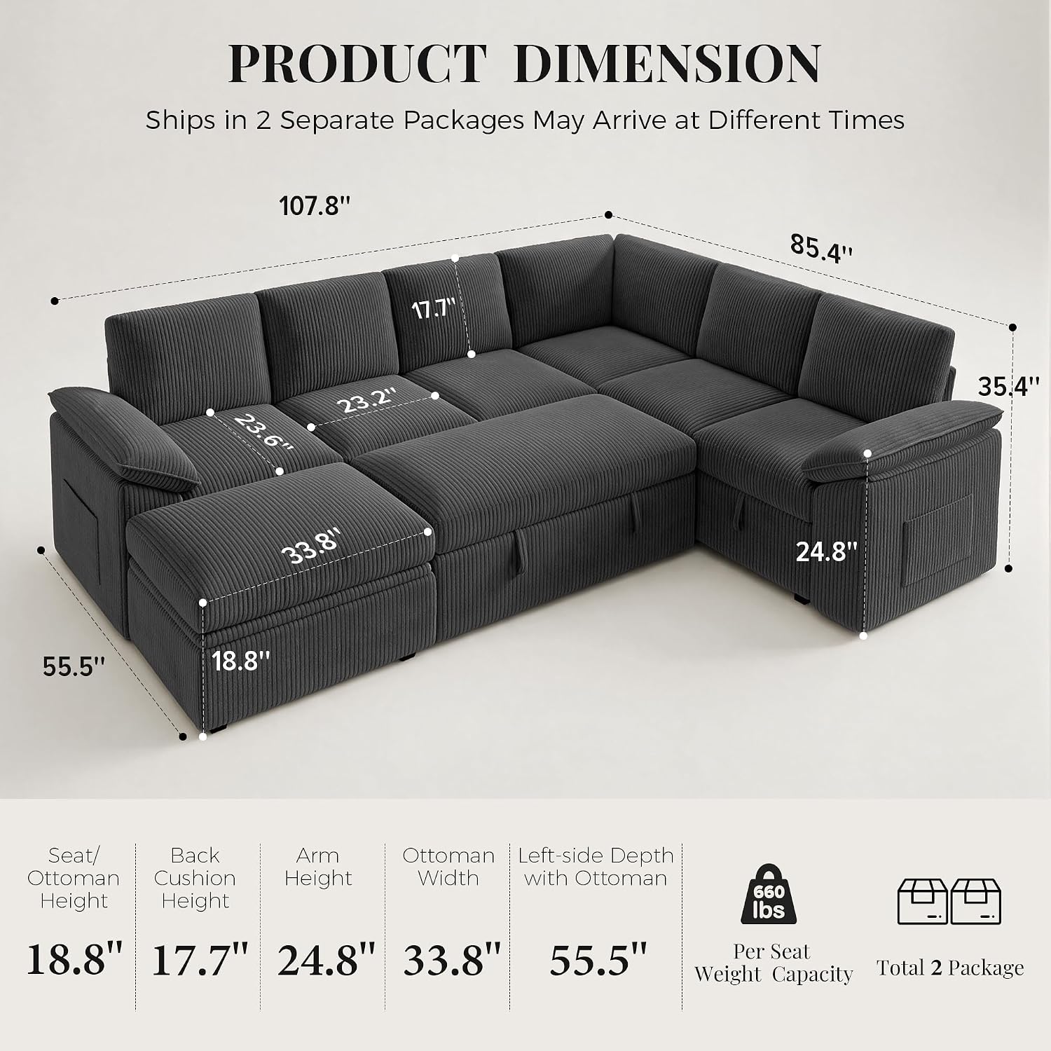 Thumbnail 1 de Dravonlab BTJ-Sleeper-Sofa Modular Sectional Sleeper Sofa, Dark Grey Corduroy