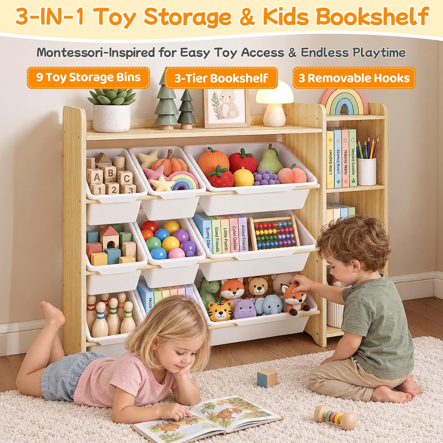 Detalle de GITAWUSA Kids Toy Storage Organizer, 3-Tier Shelf with 9 Bins, White and Natural Wood