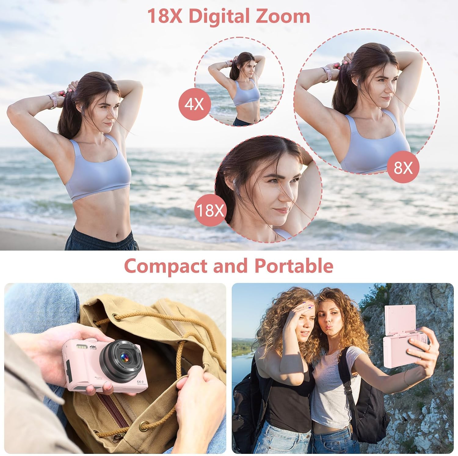 Detalle 2 de Gavonde W08 4K Vlogging Camera, 64MP, 180° Flip Screen, 18X Digital Zoom