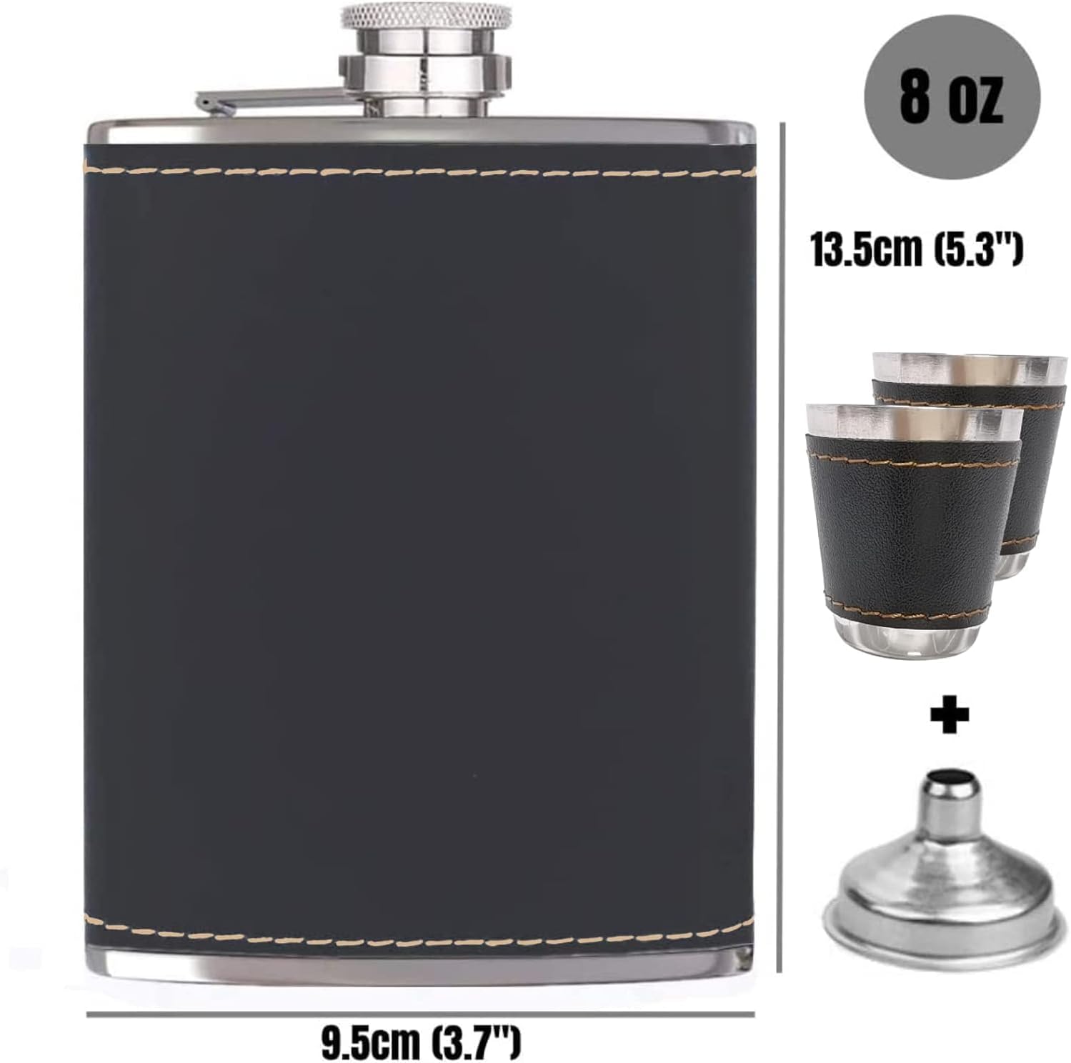 Detalle de Hip Flask Set with Funnel and Shot Glasses, 8 oz Stainless Steel & PU Leather, Leak-Proof Whiskey Flask