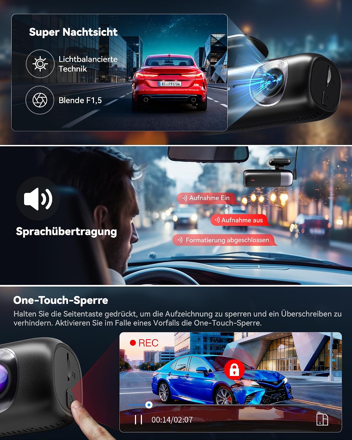 Thumbnail 3 de REDTIGER F9 Dual-Dashcam – Front 4K / Rückkamera 1080p mit GPS, WLAN 5,8 GHz und App-Steuerung