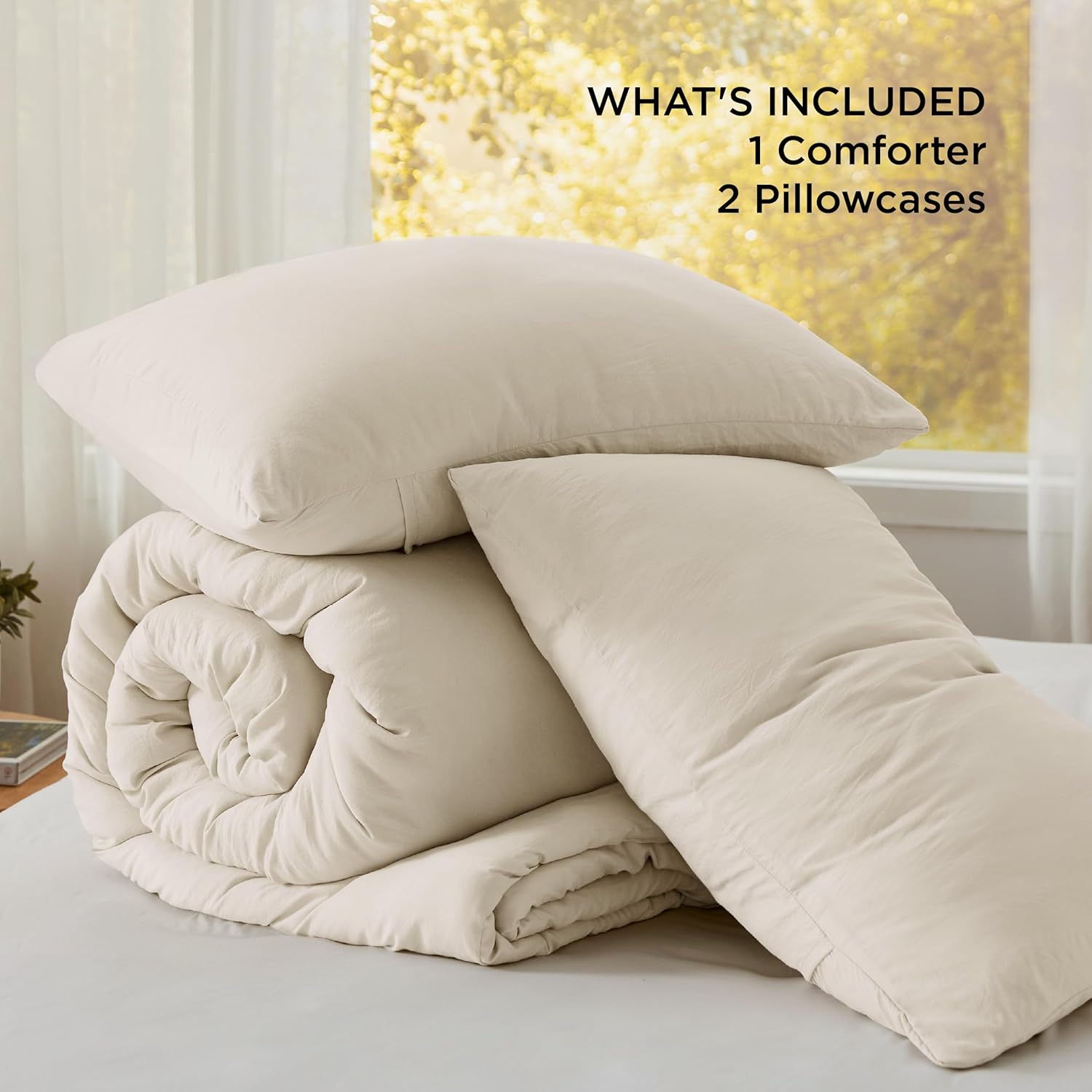 Detalle 2 de Bedsure BB349B2 Queen Comforter Set, Cream, 3-Piece Prewashed Polyester