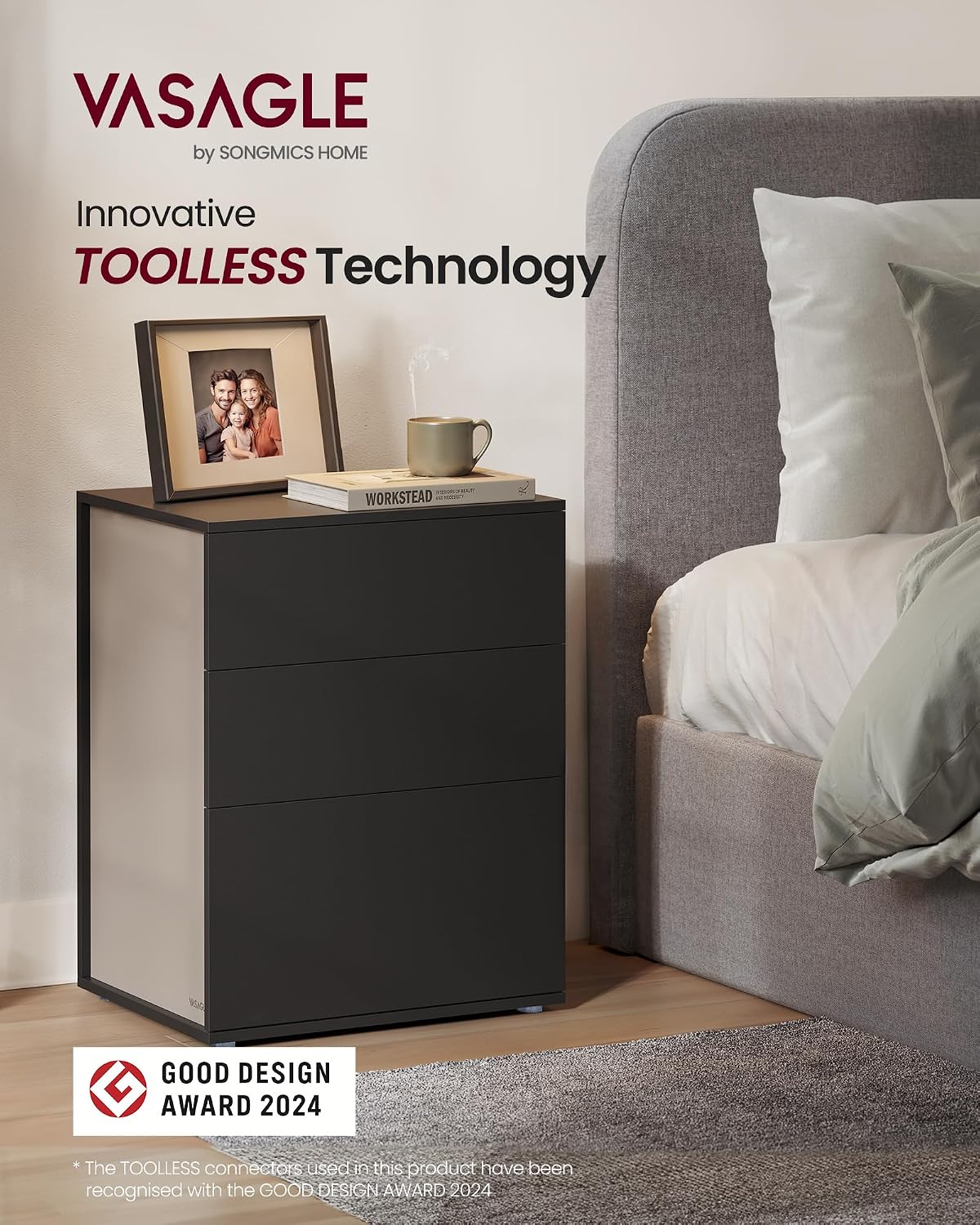 Detalle 2 de VASAGLE LET778B01 bedside table, 3 drawers and tool-free assembly