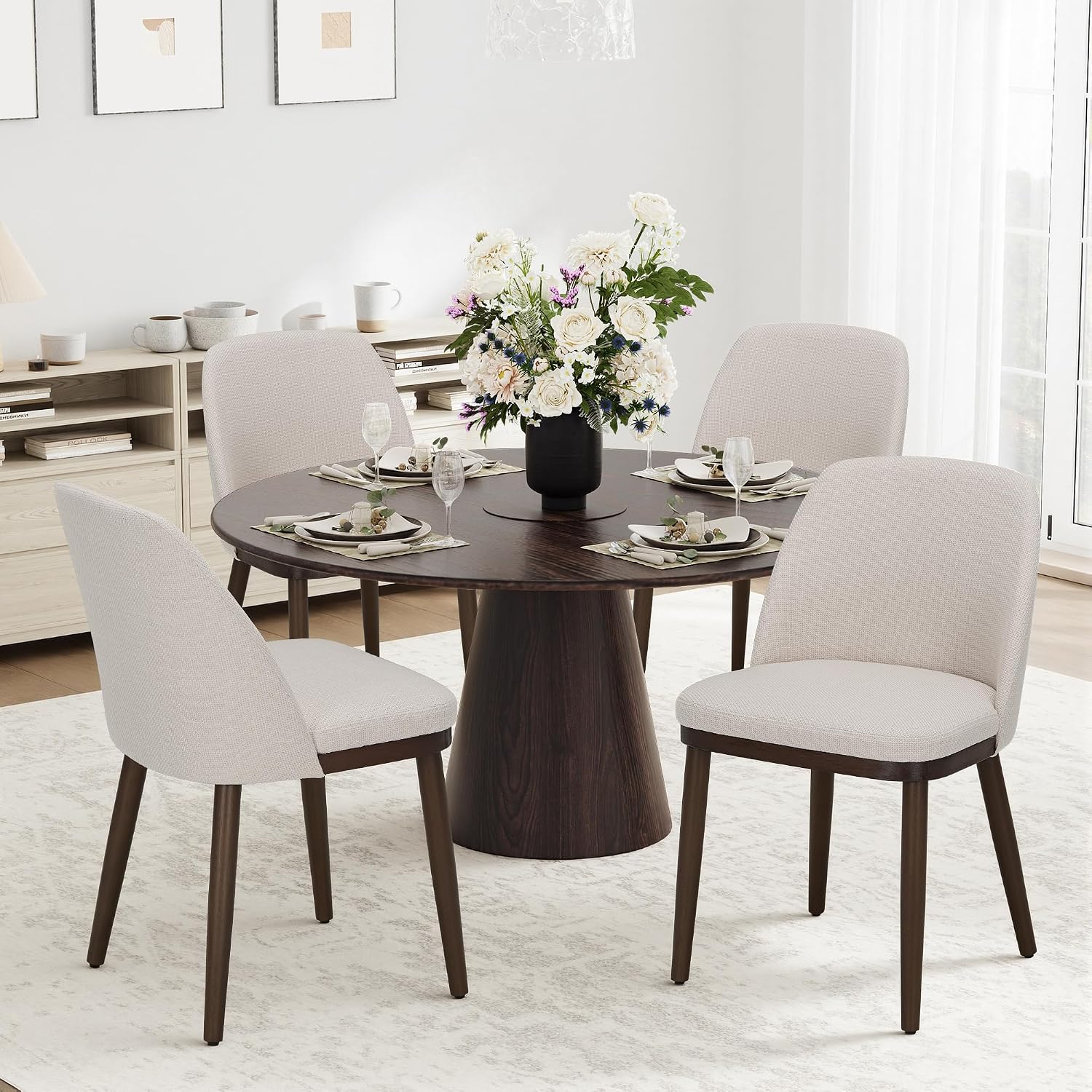 Detalle de COLAMY 3100 Upholstered Dining Chairs, Set of 2, Beige Fabric, Wood Legs
