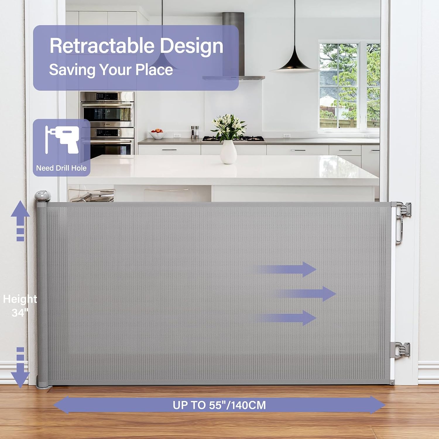Detalle de probebi SG023 Retractable Baby Gate, Up to 54" Wide and 34" Tall