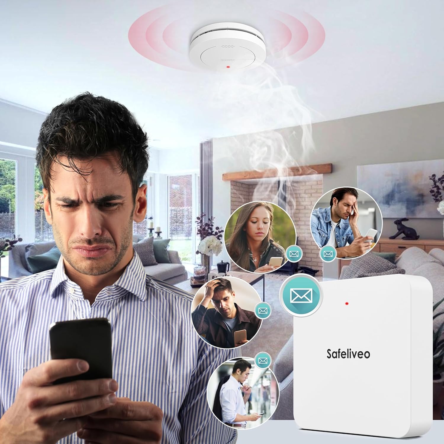 Thumbnail 2 de Safeliveo Détecteur de fumée interconnecté WiFi – Lot de 2 avec Station de Base et Application