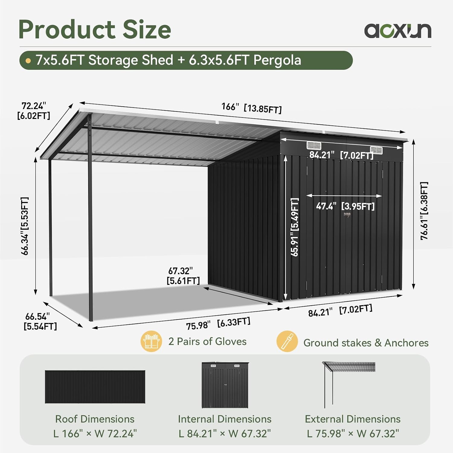 Detalle 2 de Aoxun Outdoor Storage Shed Combo in Galvanized Steel