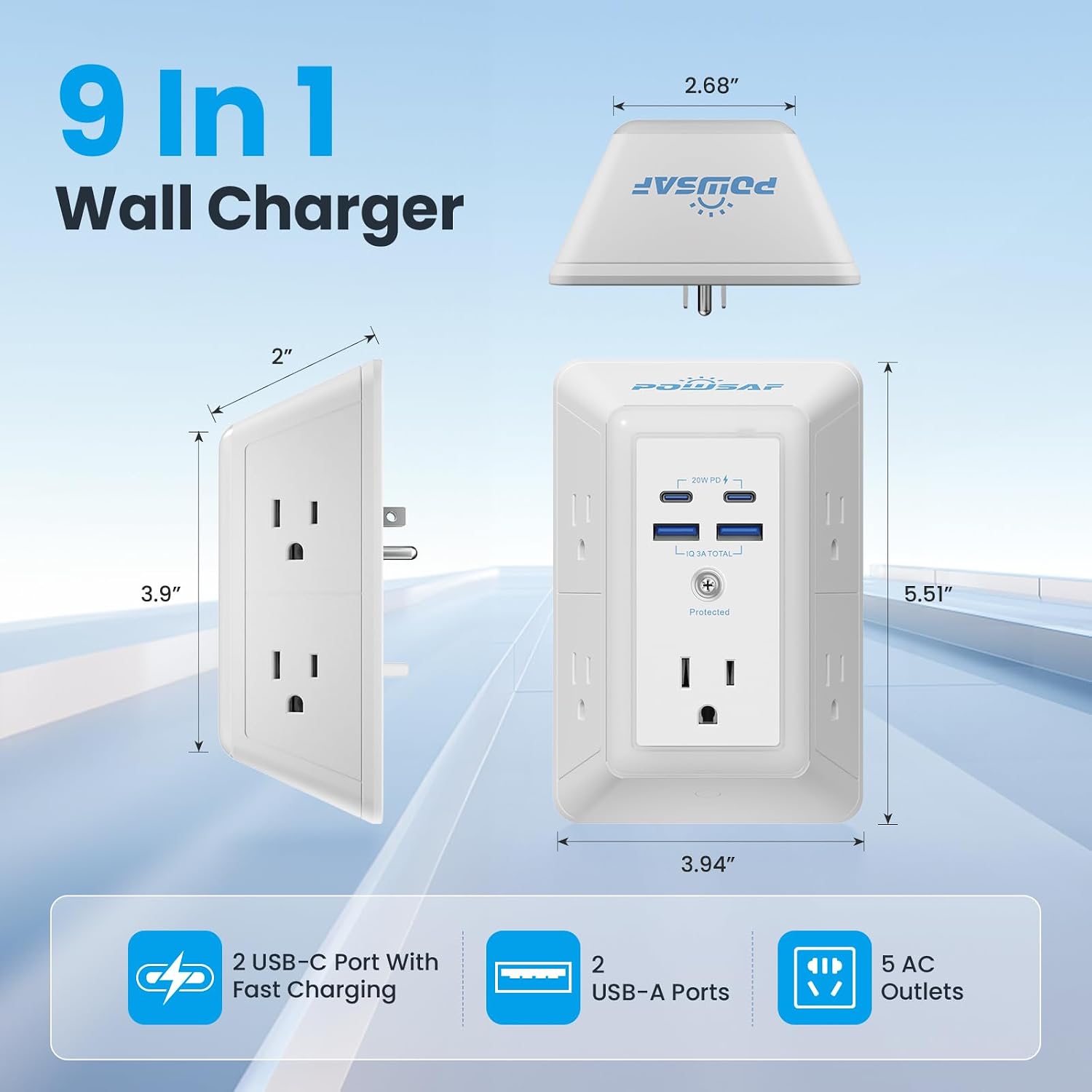 Detalle de POWSAF Wall Outlet Surge Protector with 5 Outlets
