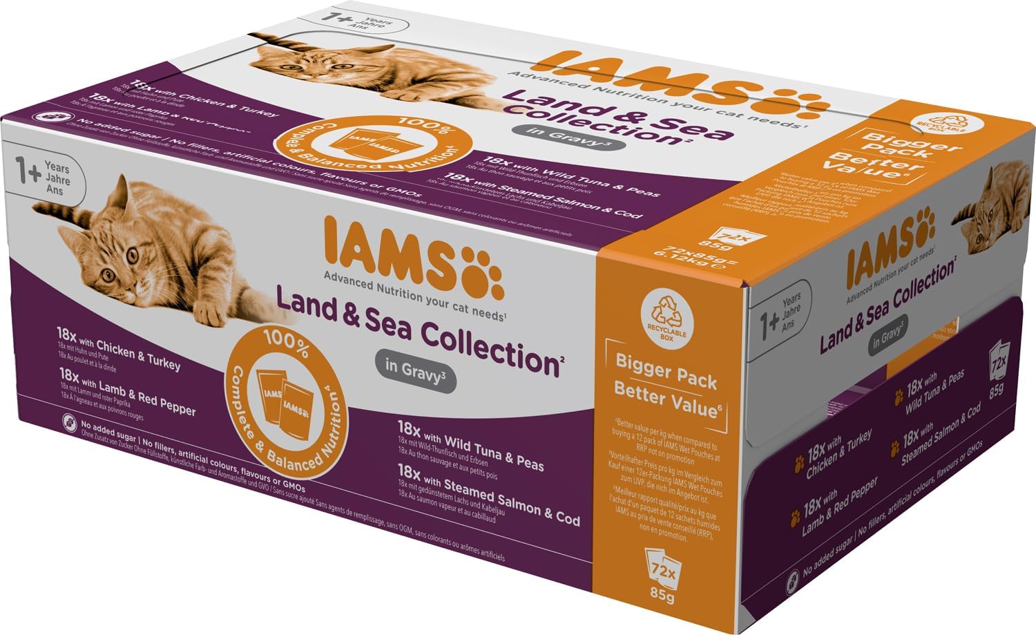 Thumbnail 1 de IAMS Delights Land & Sea Collection – Umido per gatti 72 x 85 g, 4 gusti (pollo-tacchino, agnello-peperoncino, tonno-piselli, salmone-merluzzo)