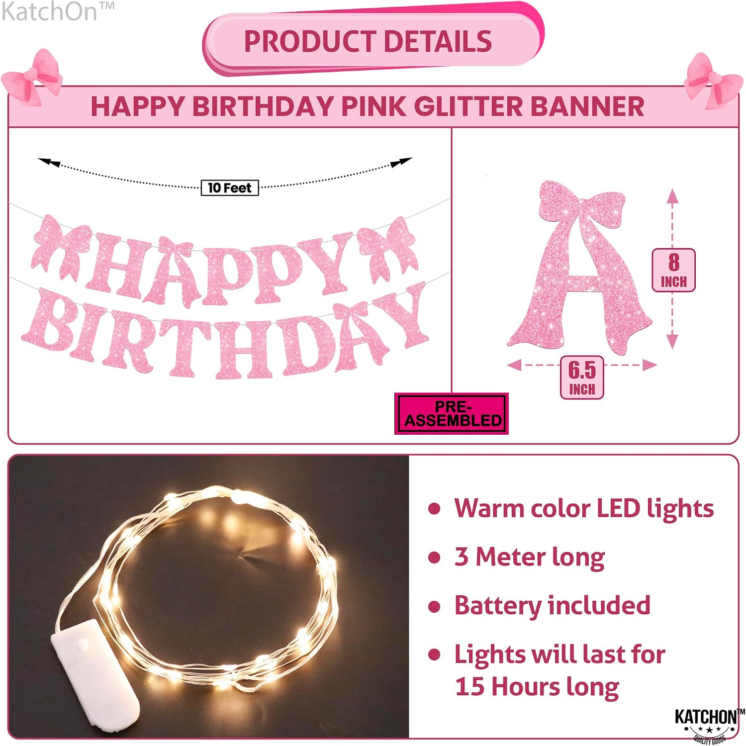 Thumbnail 1 de KatchOn Pink Glitter Happy Birthday Banner with Lights – 10 Feet