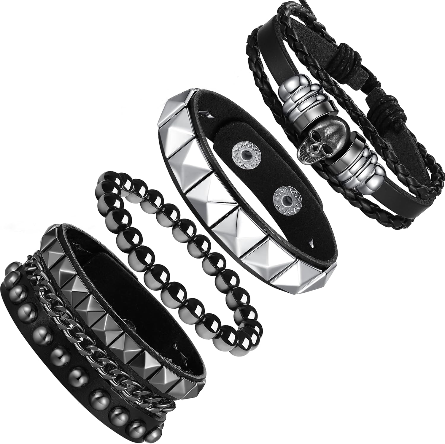 Detalle de XIANNVXI 4Pcs Gothic Punk Bracelets – Adjustable Leather Spike Cuff Set