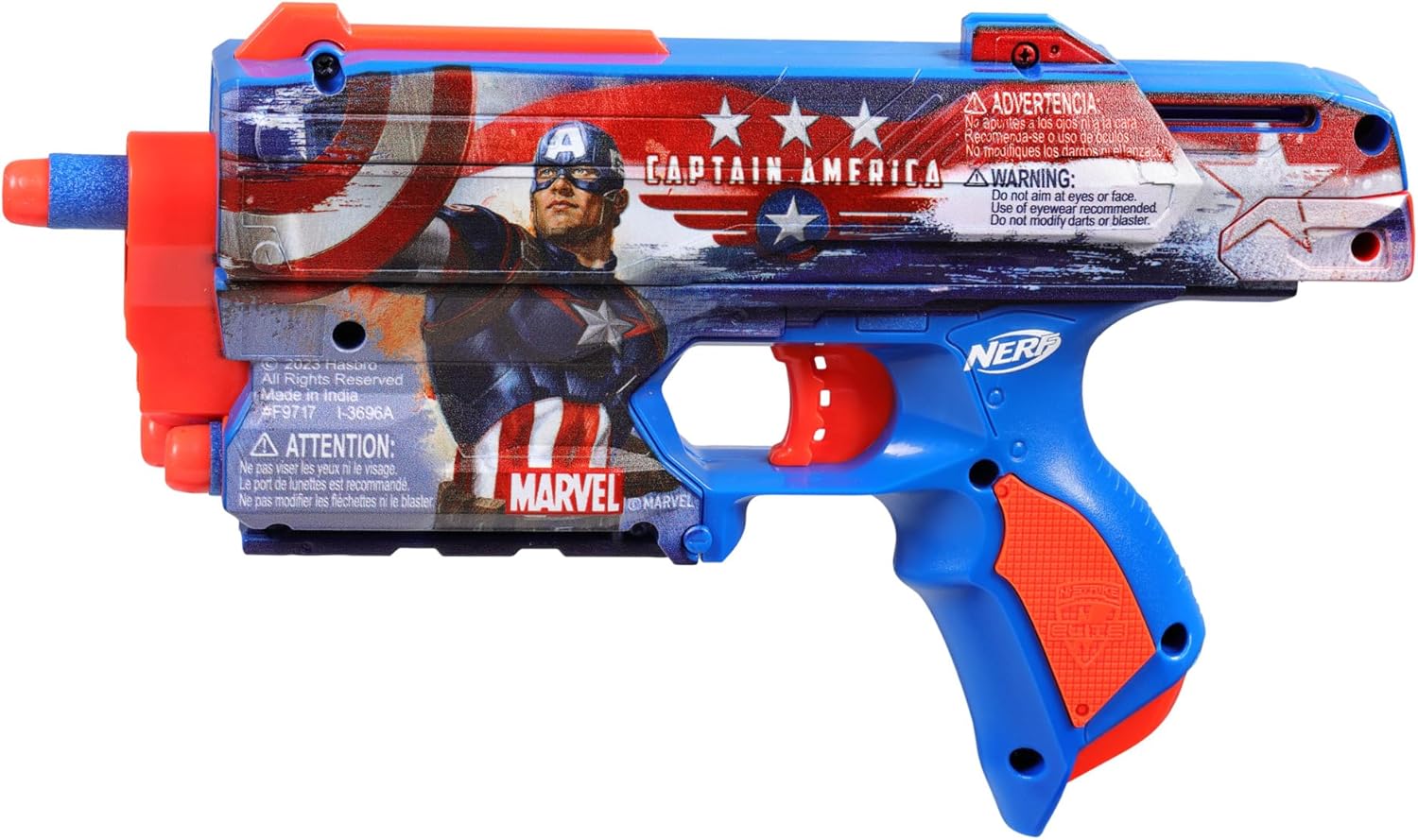 Detalle 2 de Nerf Marvel Captain America – Blaster à fléchettes avec holster et 10 fléchettes Nerf Elite