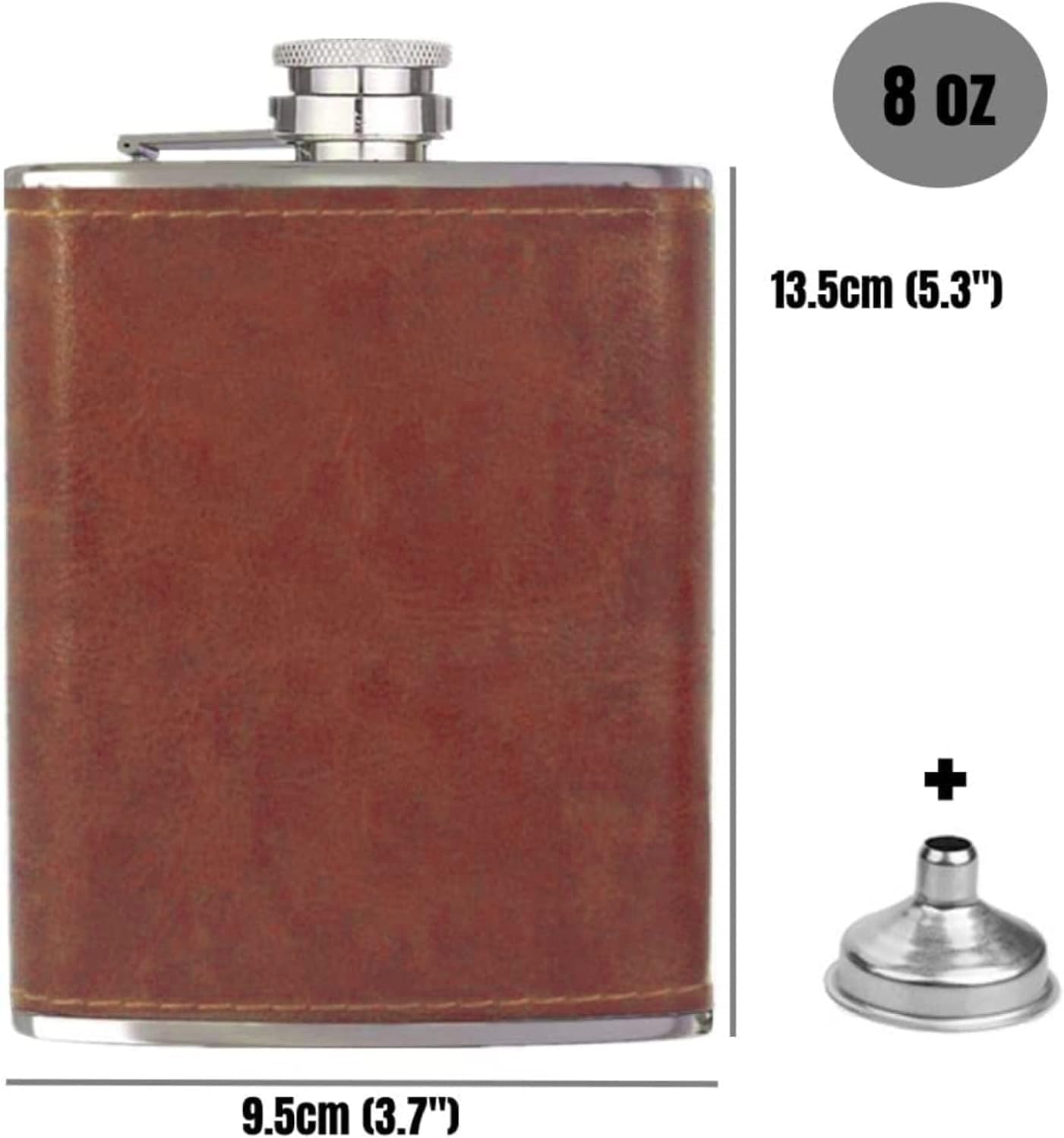 Detalle de Hip Flask Set with Funnel and Shot Glasses, 8 oz Stainless Steel & PU Leather – Leak-Proof, Brown (Holy Water) – Ideal Gift