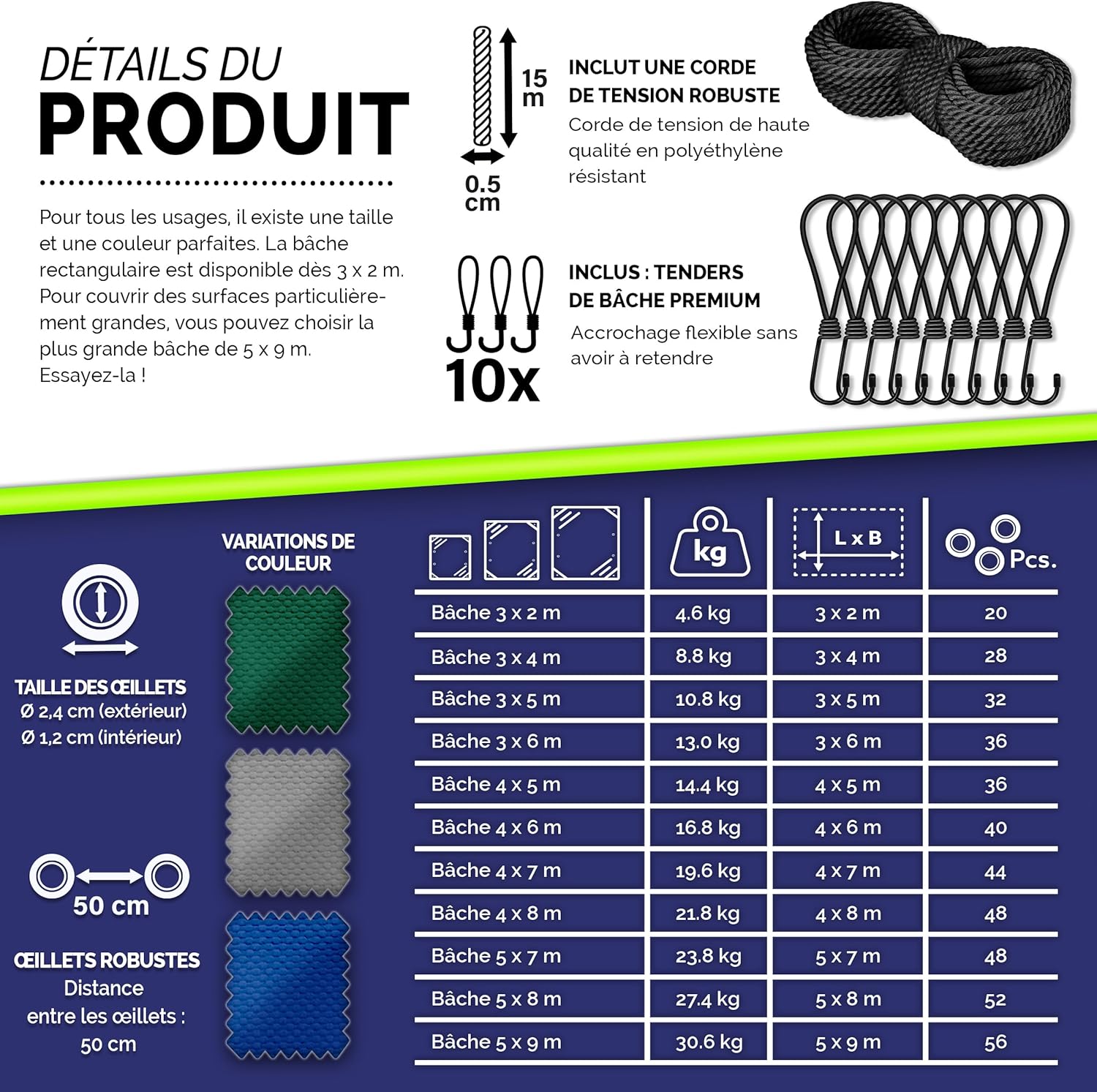 Thumbnail 3 de tillvex® Bâche de protection PVC 650 g/m² avec œillets, 10 crochets et corde de tension (15 m)