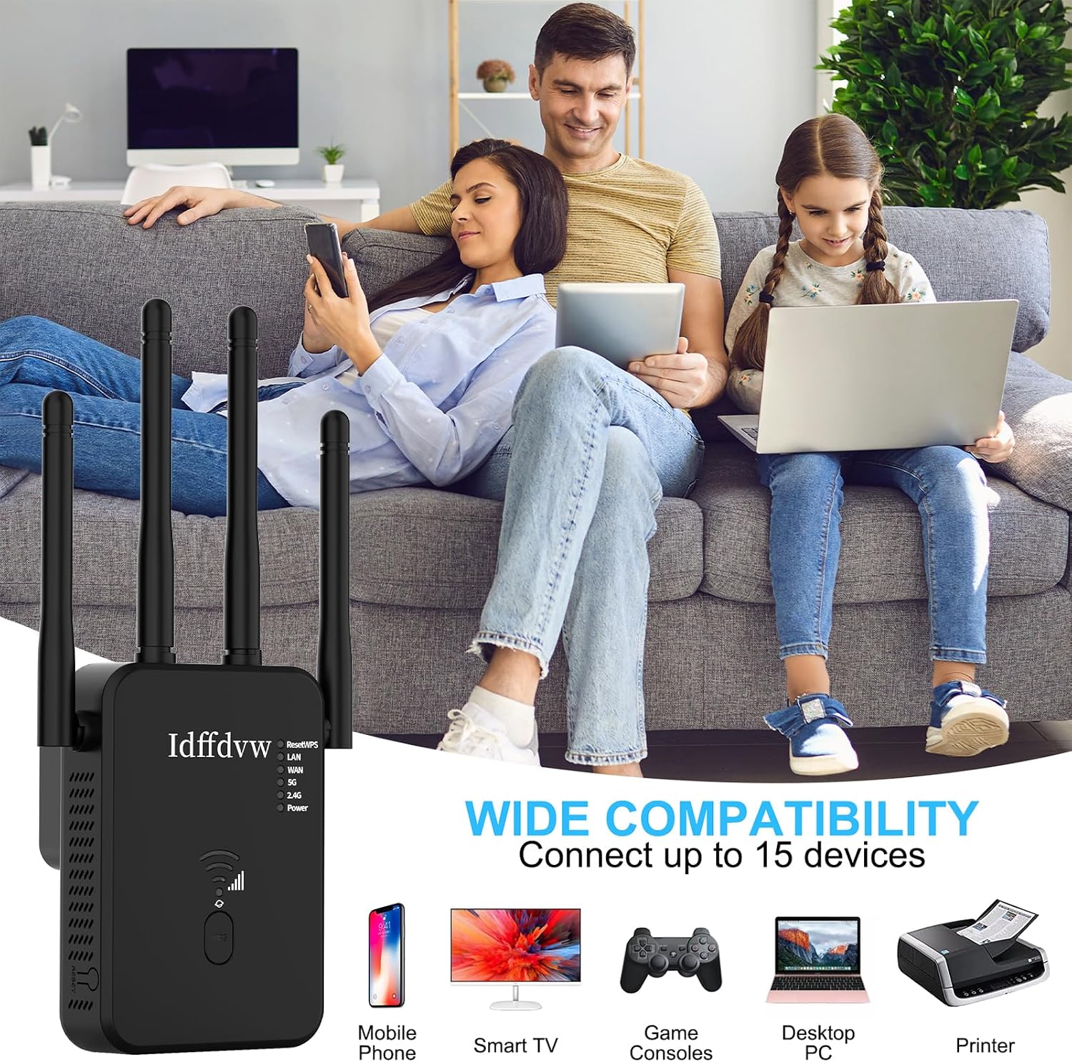 Detalle de WLAN-Verstärker 1200 Mbit/s Dualband Repeater mit LAN-Anschluss und 4 externen Antennen