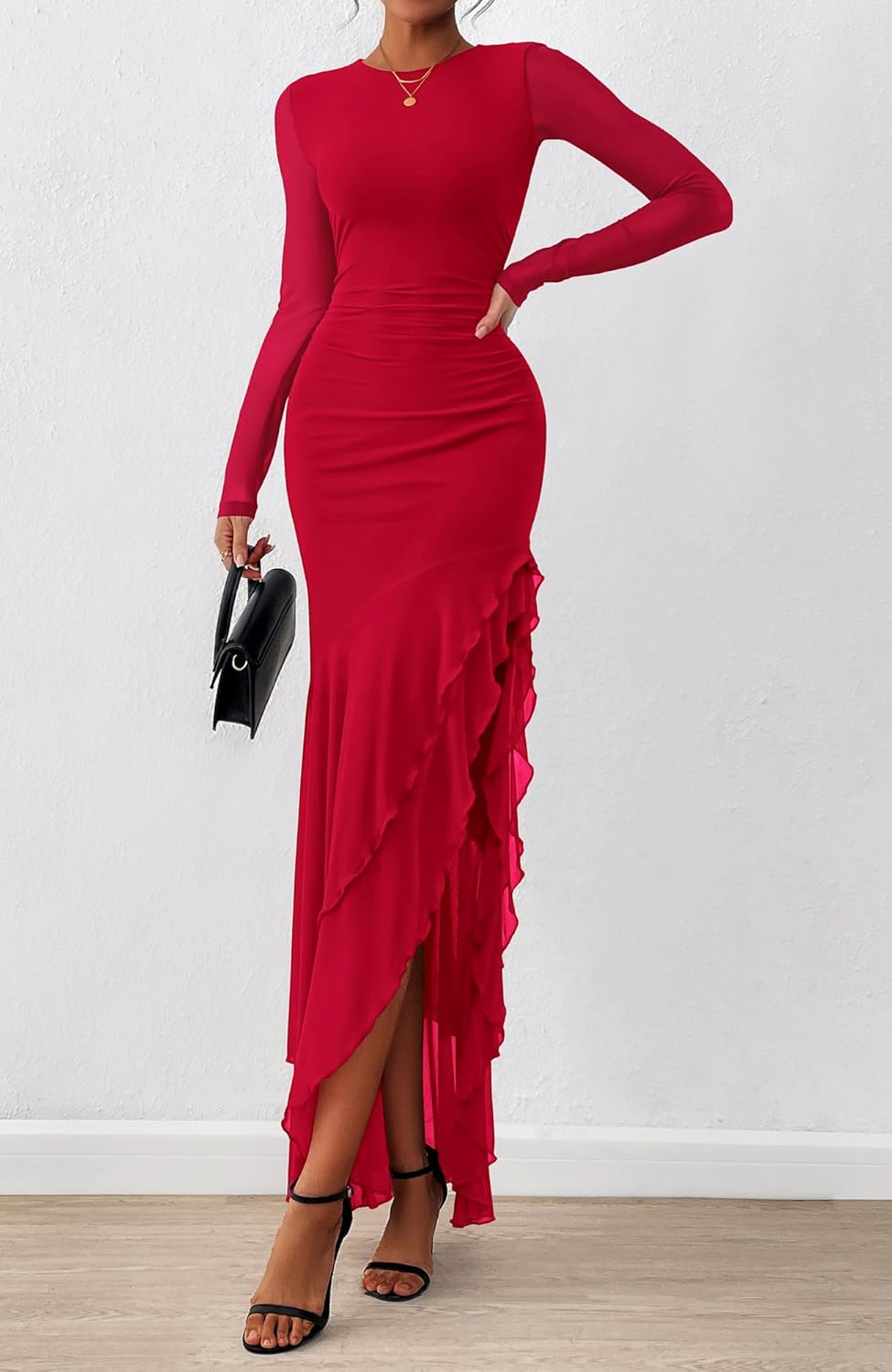 Thumbnail 6 de BTFBM Women's Maxi Dresses Spring 2026 Long Sleeve Ruched Bodycon Solid Ruffle Mermaid Cocktail Wedding Guest Dress