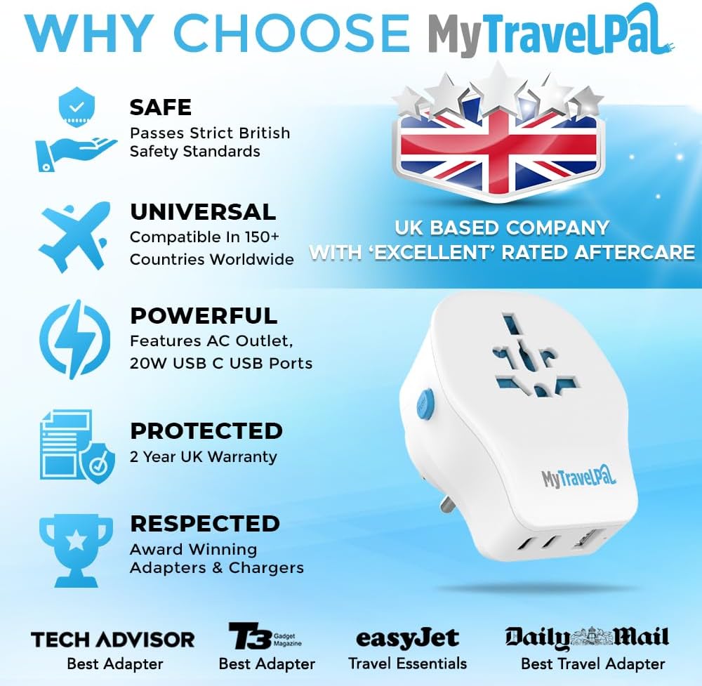 Thumbnail 4 de MyTravelPal Universal Travel Adapter with 20W PD USB-C (UK Safety Standard BS8546)