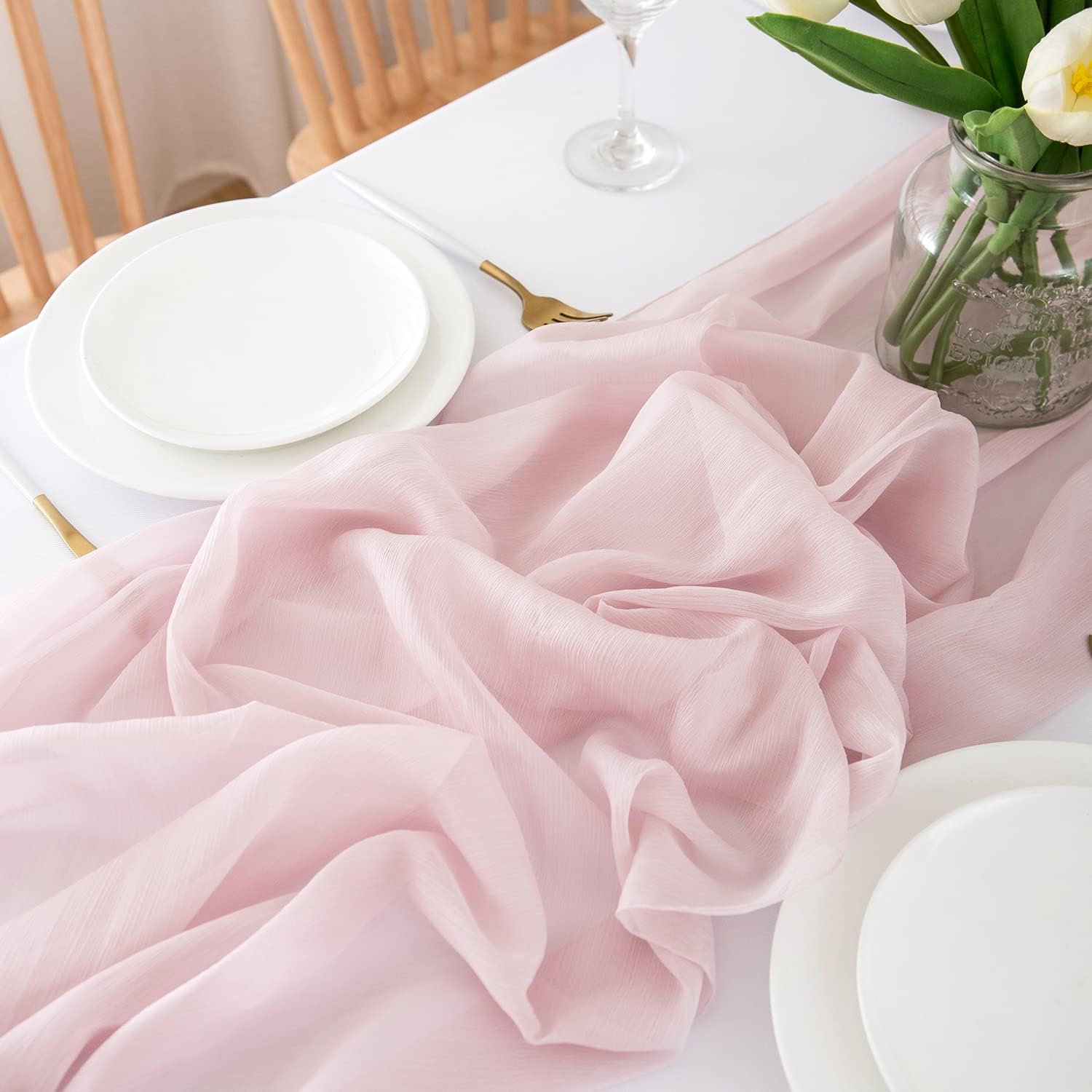 Detalle de CHUQING Chiffon-Tischläufer 70 x 300 cm in Rosa für Hochzeit, Events & Dinner