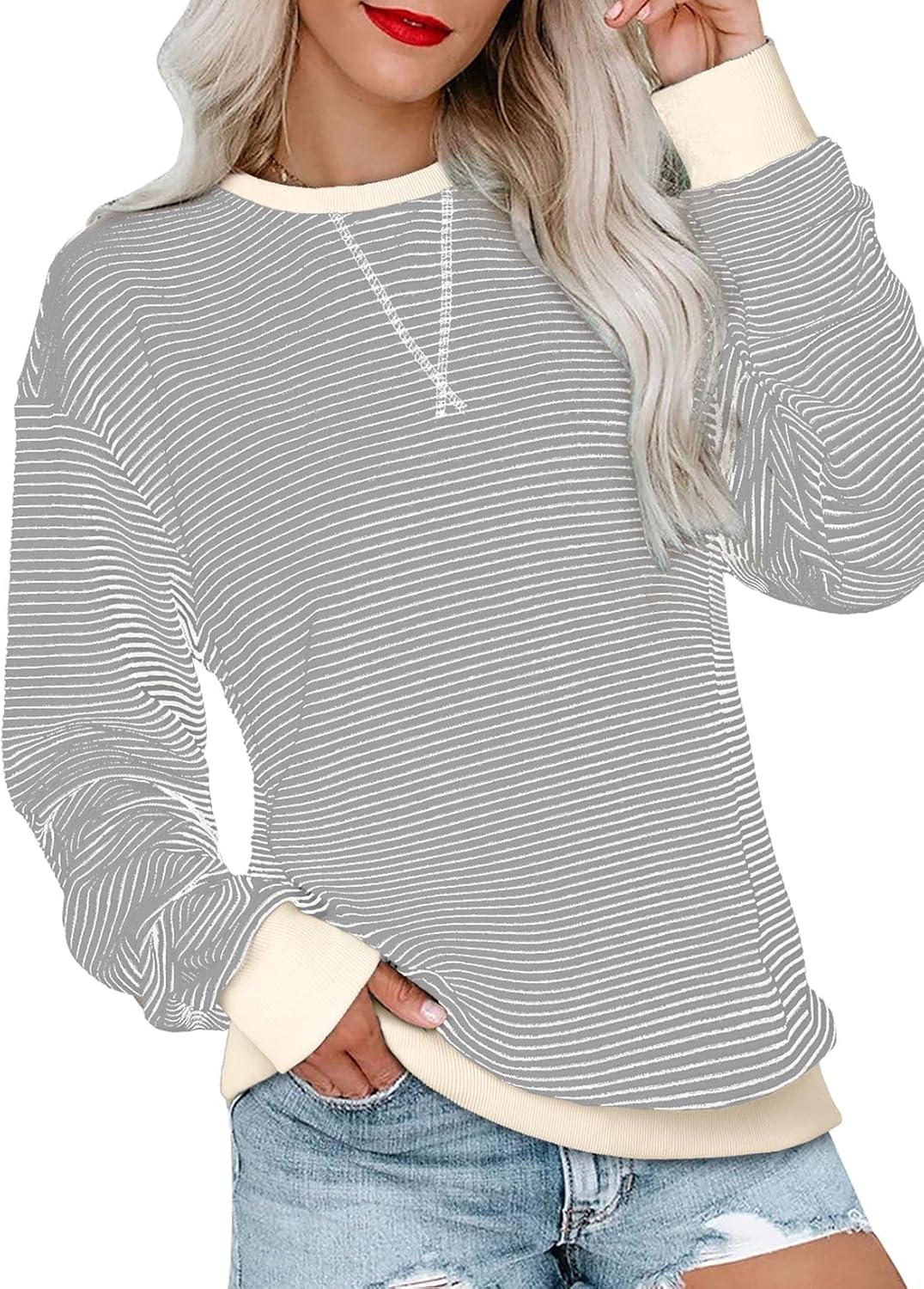Thumbnail 2 de SHEWIN Women's Striped Sweatshirt Cotton Blend