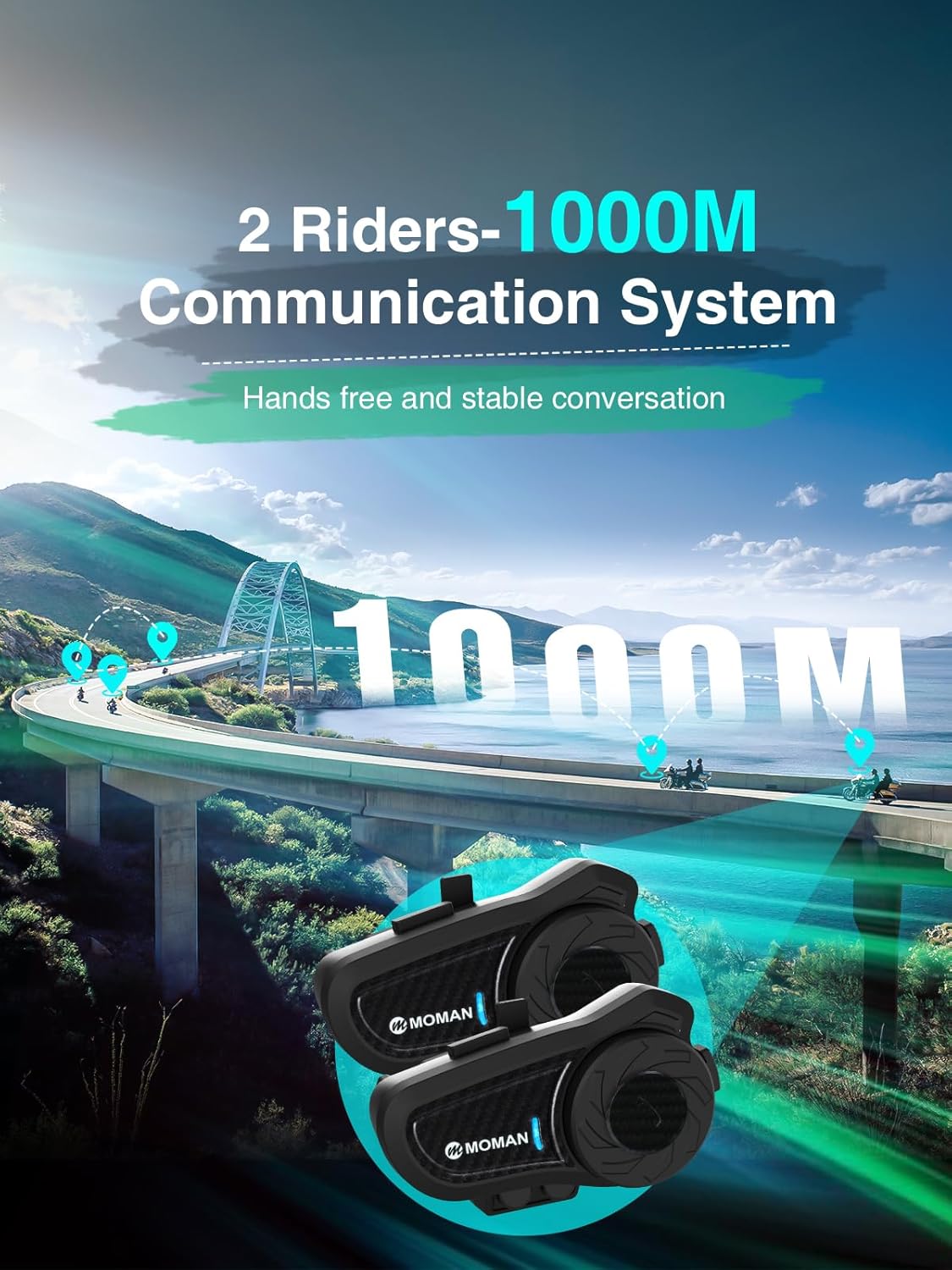 Detalle de Moman H2Pro Motorcycle Headset – Universal Pairing, 2-Way Intercom, 1000m Range