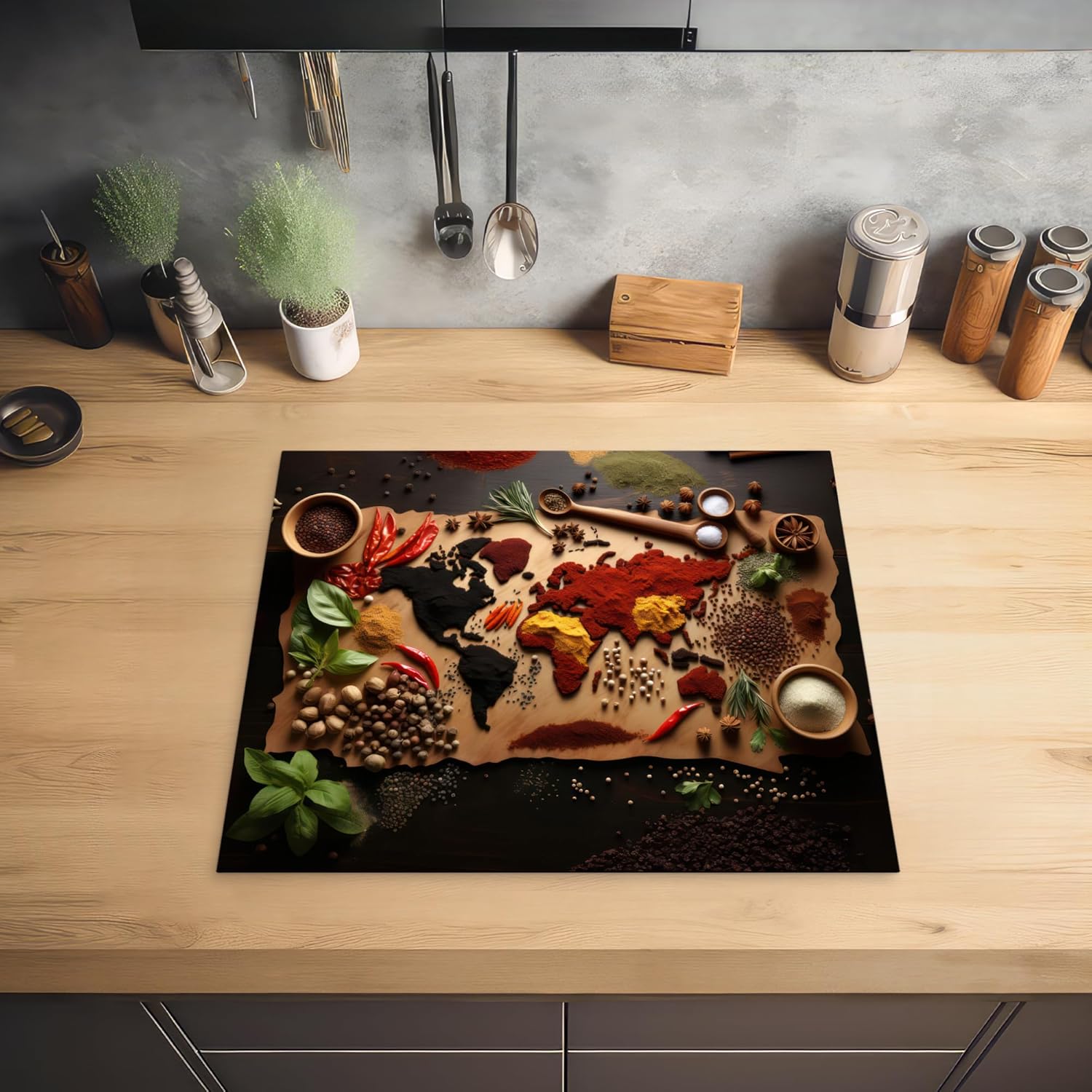 Thumbnail 1 de KitchenYeah Herdabdeckplatte Induktion - 59x51 cm Braun mit Welken-Kräuter-Weltkarte Fotodruck