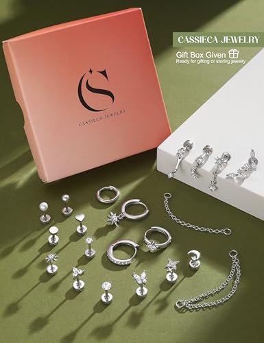 Detalle de CASSIECA 21Pcs Helix Piercing Jewellery – Hypoallergenic Flat Back Earrings Set