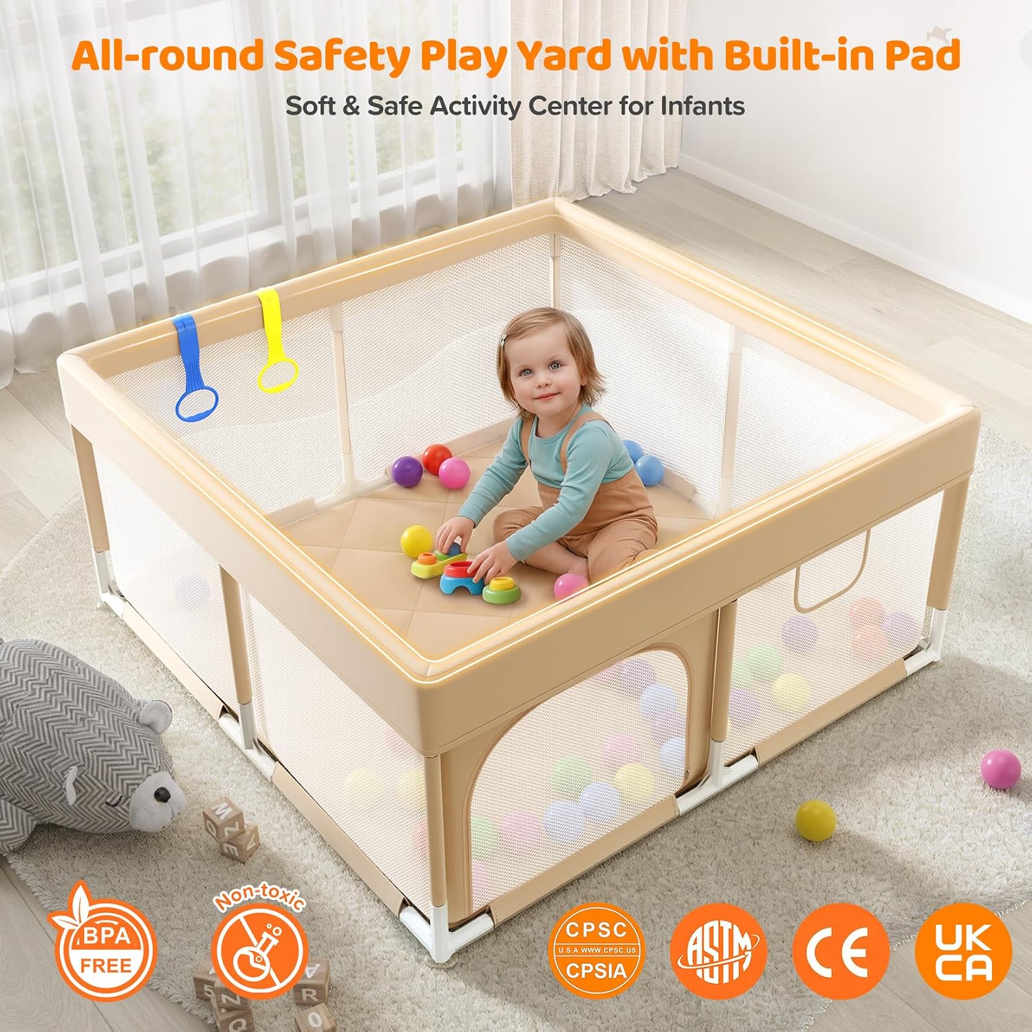 Thumbnail 1 de Dripex 124 x 124 cm Baby Playpen with Mat, Mesh Sides, Beige