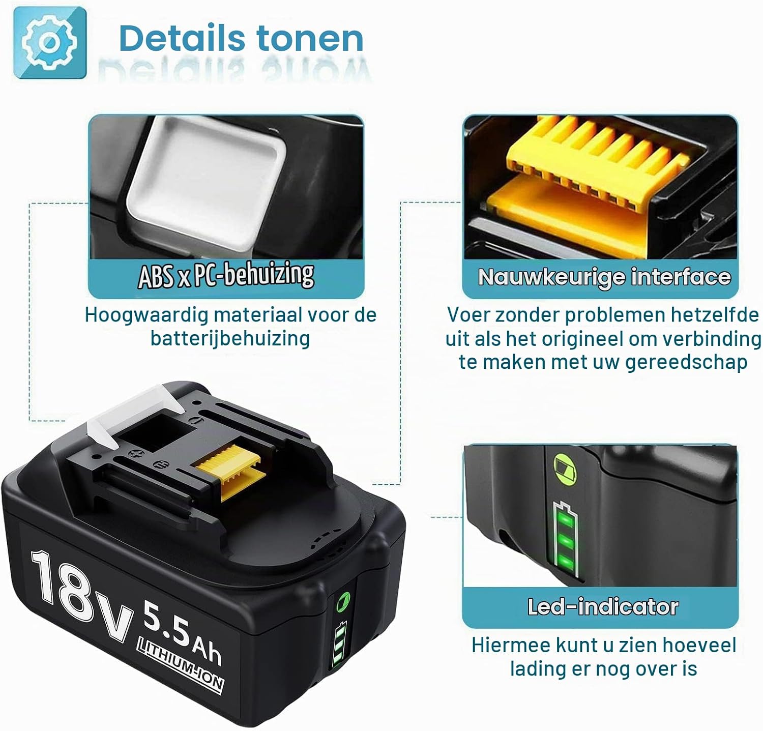 Detalle de BATTOOL 18V-accuset met DC18RC-oplader, 2 accu’s van 5,5 Ah